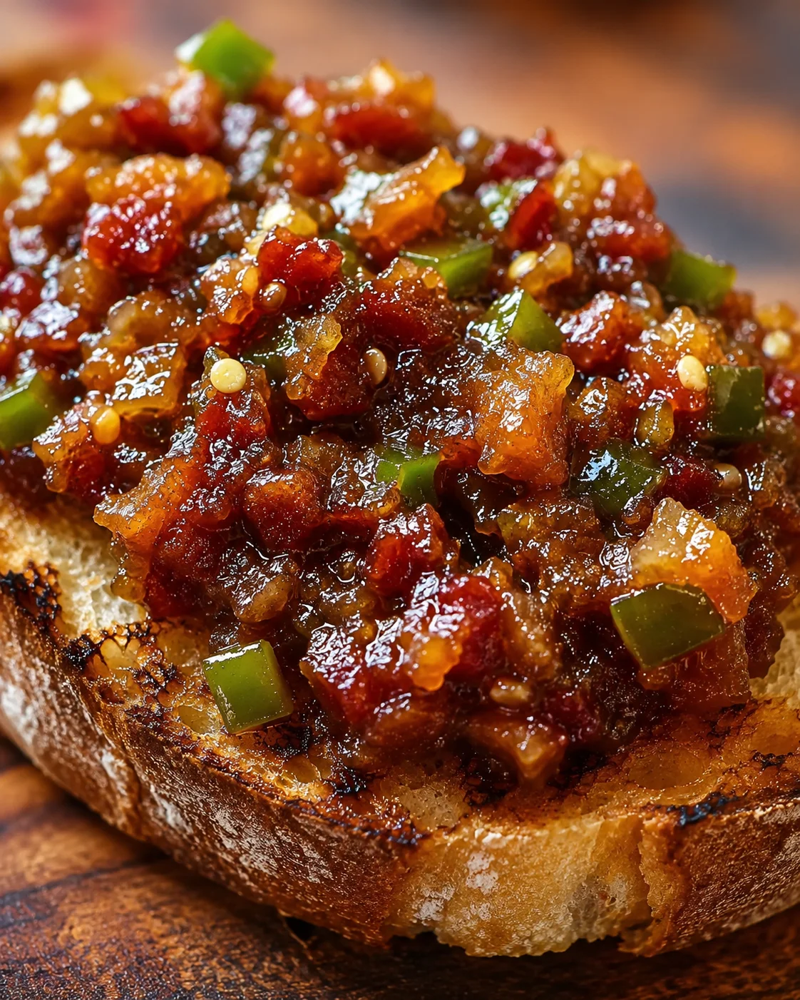 Close-up of spicy and savory bacon jalapeño jam on toasted bread