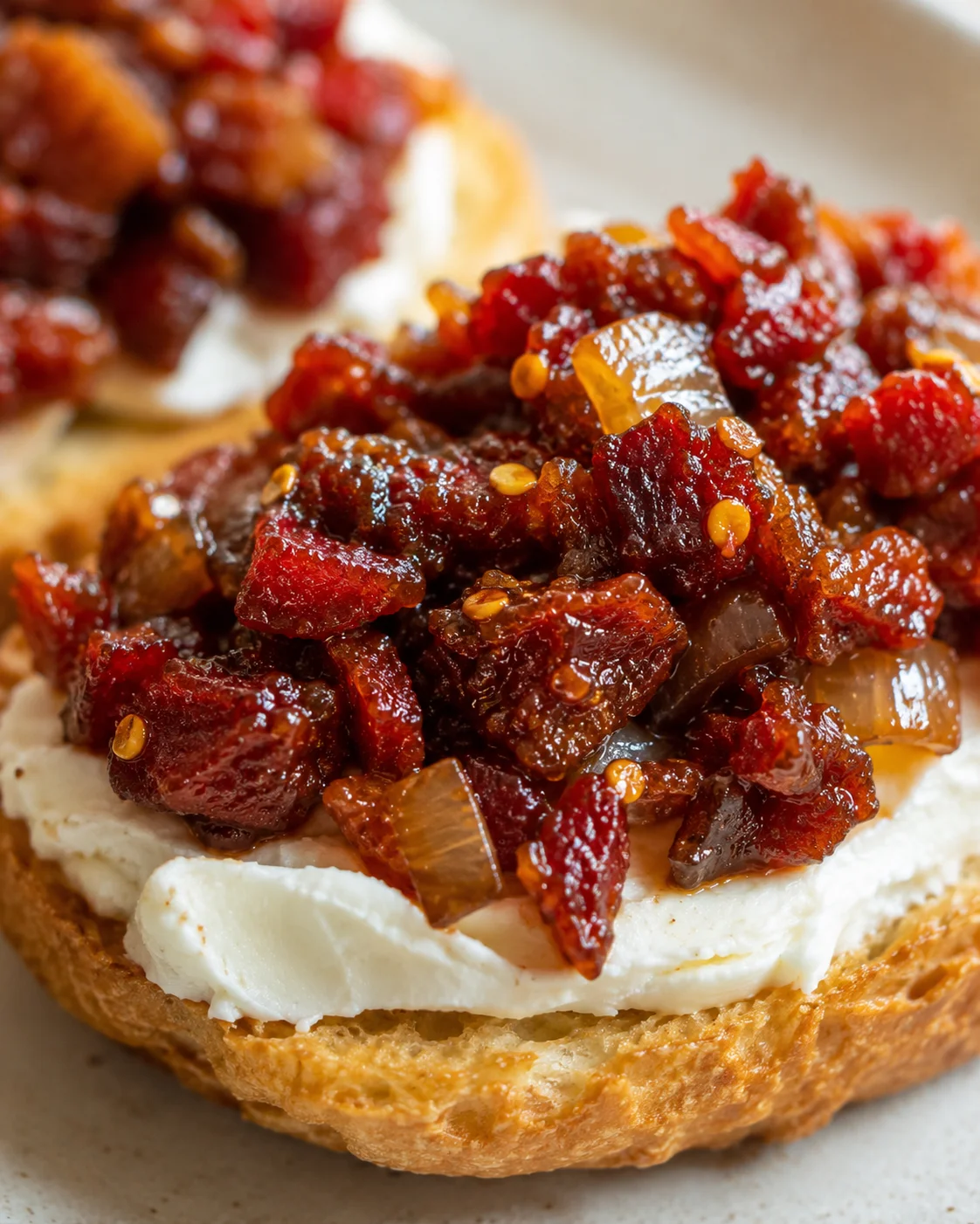 Close-up of a bread slice topped with tomato bacon jam and cream cheese