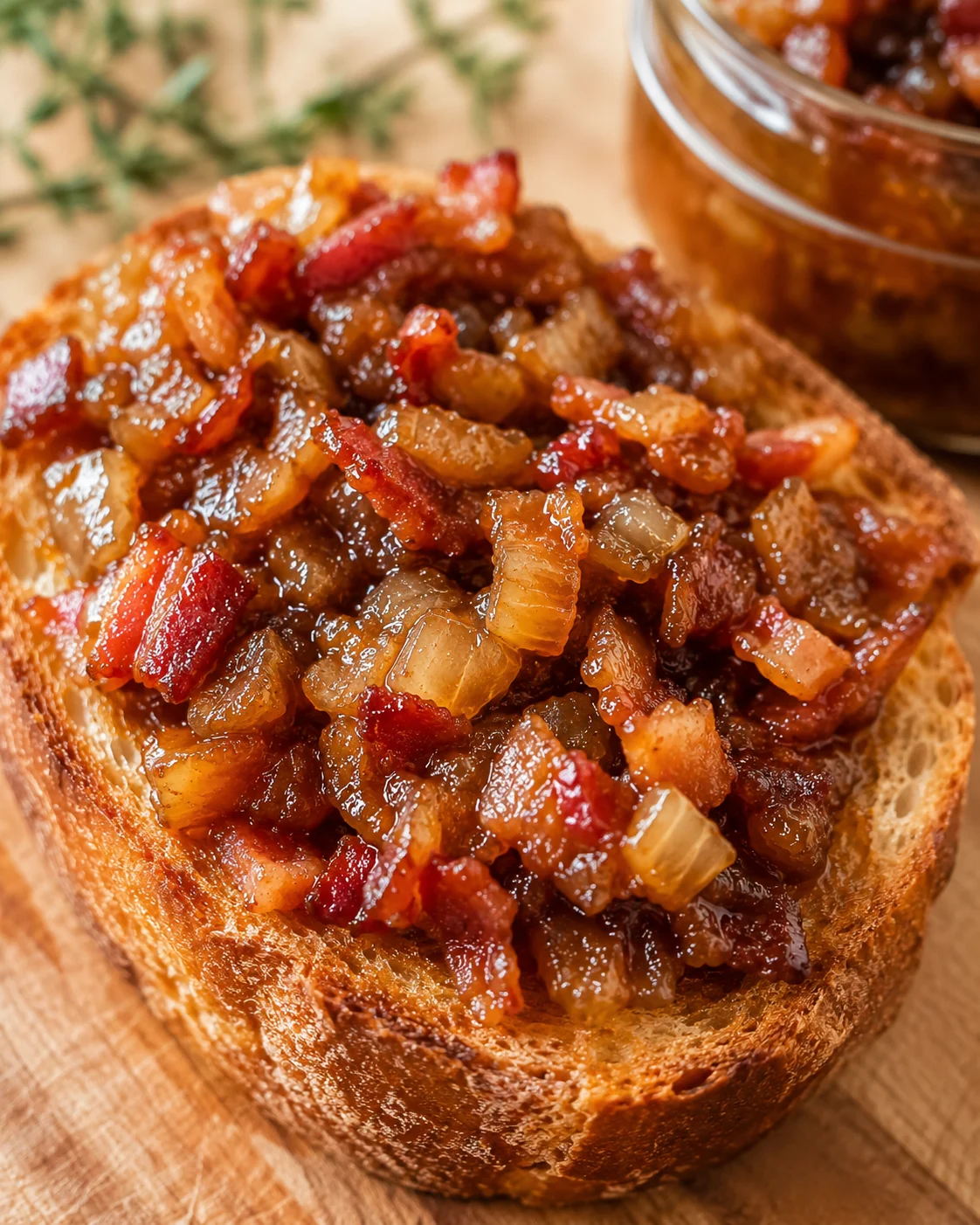 Delicious Bacon Caramelized Onion Jam Close-up of toasted bread topped with bacon onion jam, glistening with savory sweetness.