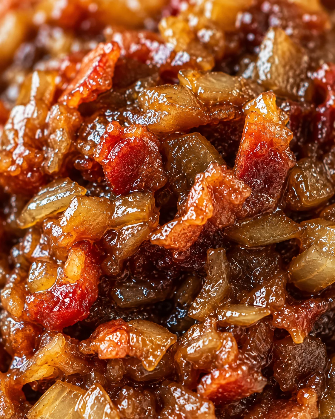 Bacon Caramelized Onion Jam Close-up of savory bacon caramelized onion jam with glossy, rich texture