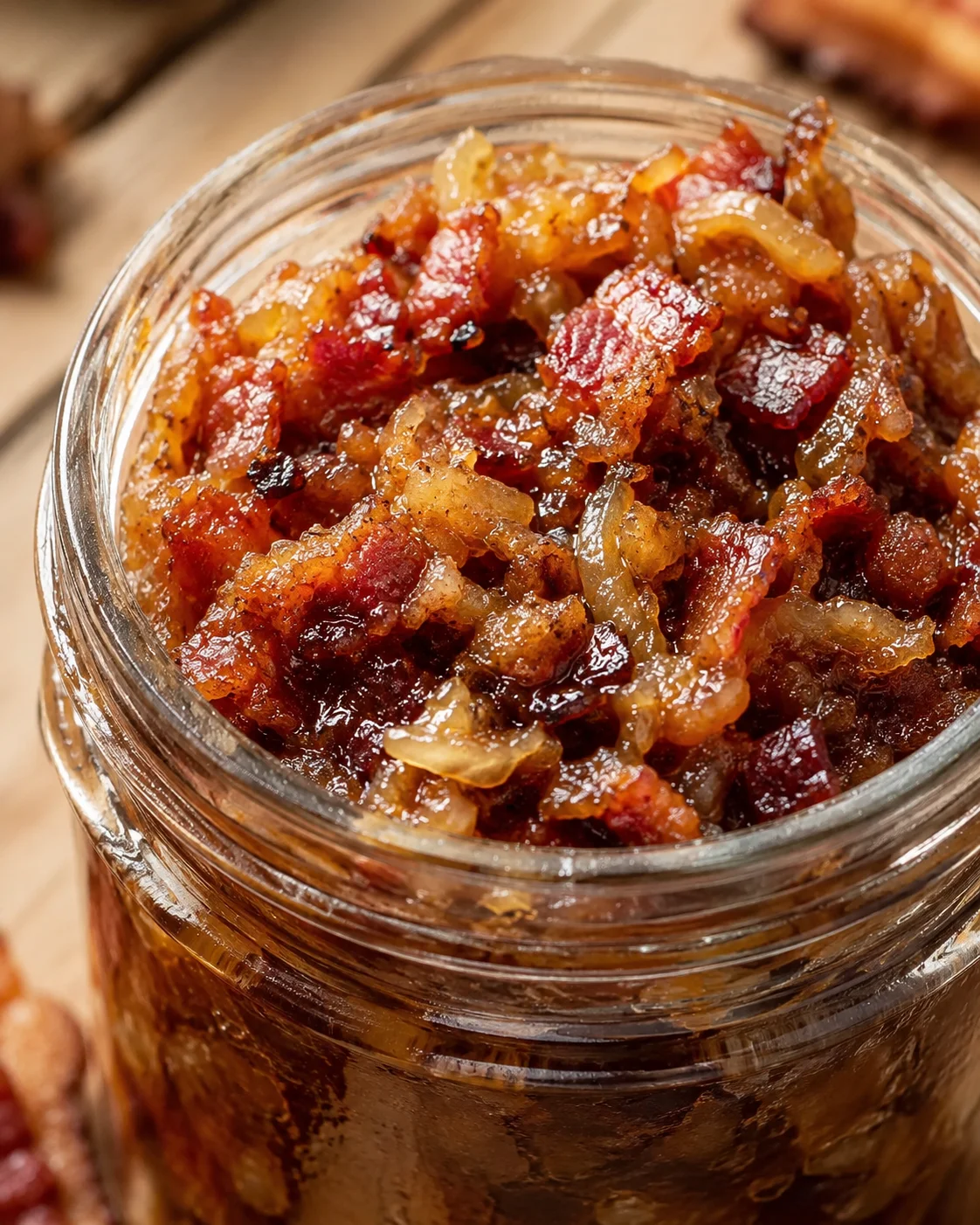 Delicious Bacon Jam Spread Close-up of savory bacon jam with caramelized onions in a glass jar