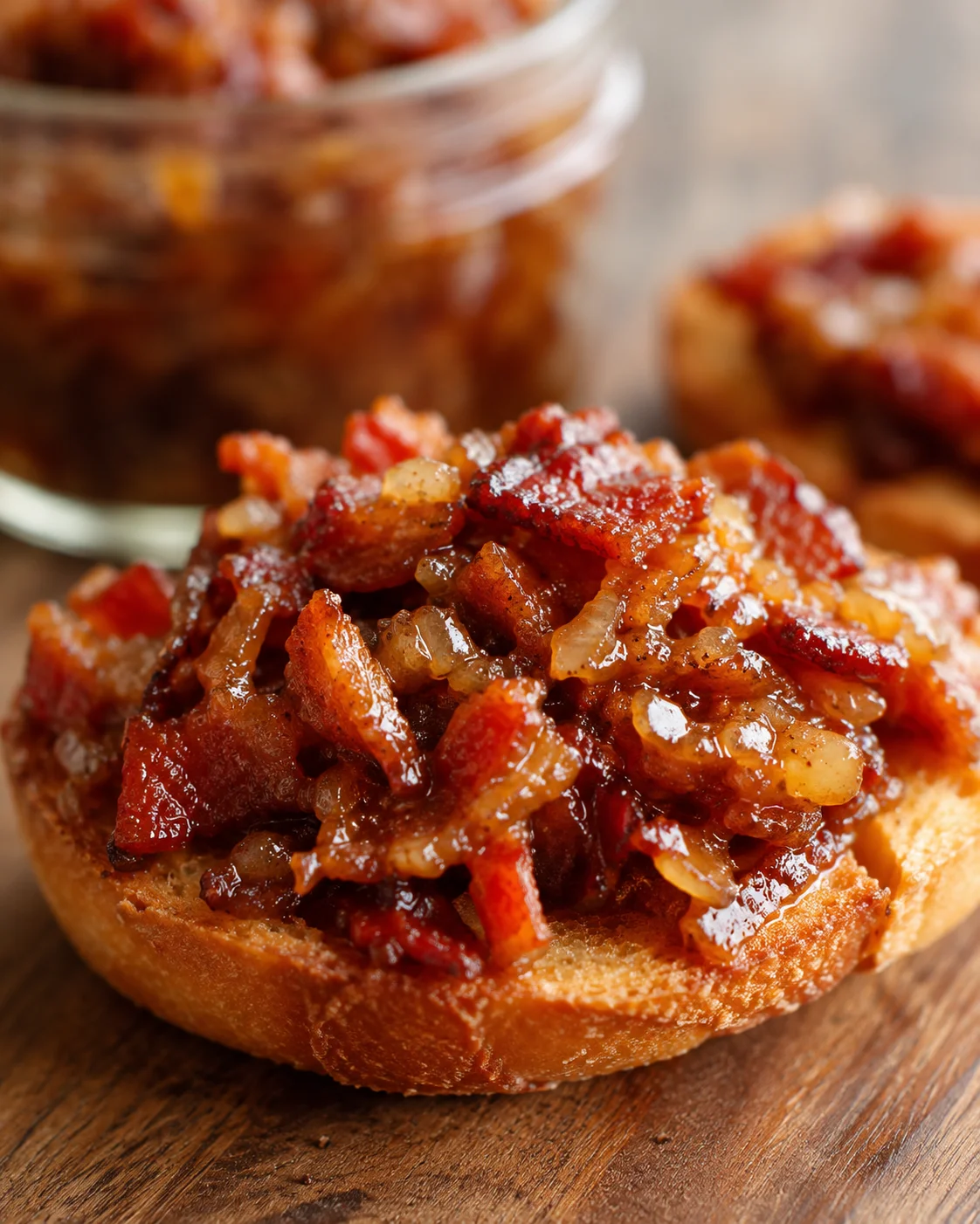 Savory Bacon Jam Spread Close-up of bacon jam spread on a toasted bread slice with a jar in the background.