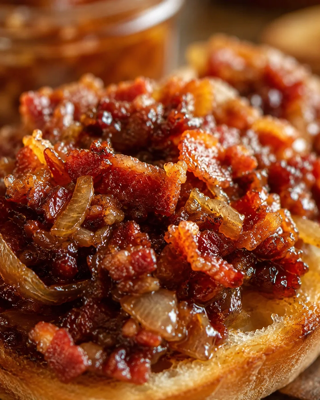 Delicious Bacon Jam Spread Close-up of savory bacon jam with caramelized onions and crispy bacon pieces