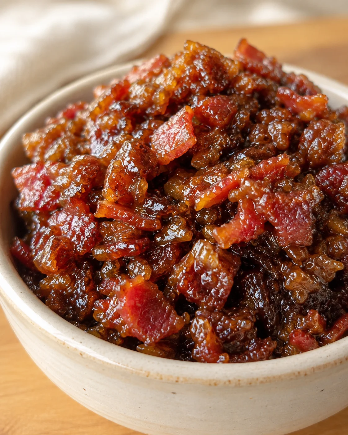 Delicious Homemade Bacon Jam Close-up of glossy, thick bacon jam in a white bowl ready to serve.