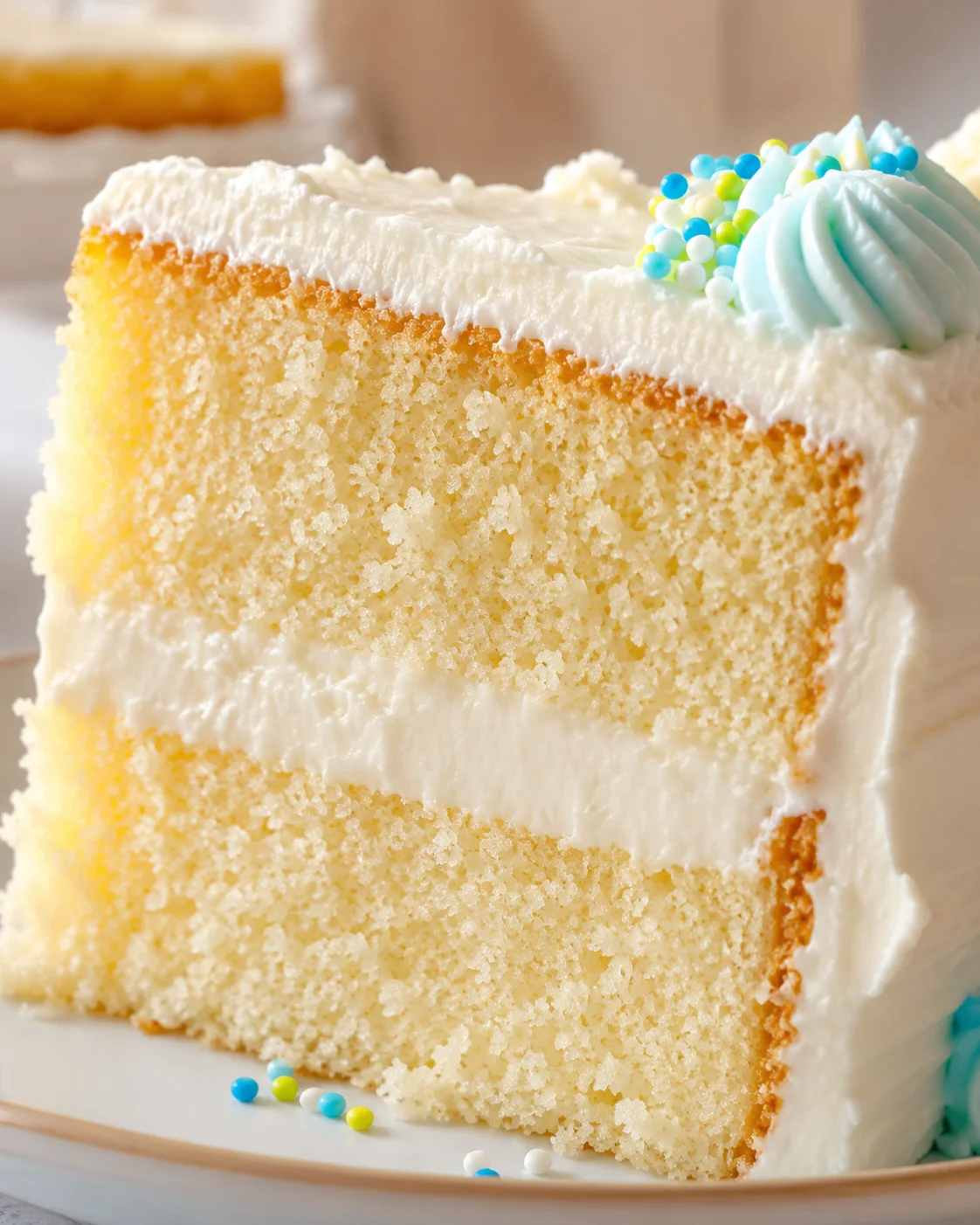 Delicious homemade vanilla cake inspired by Costco with frosting and sprinkles