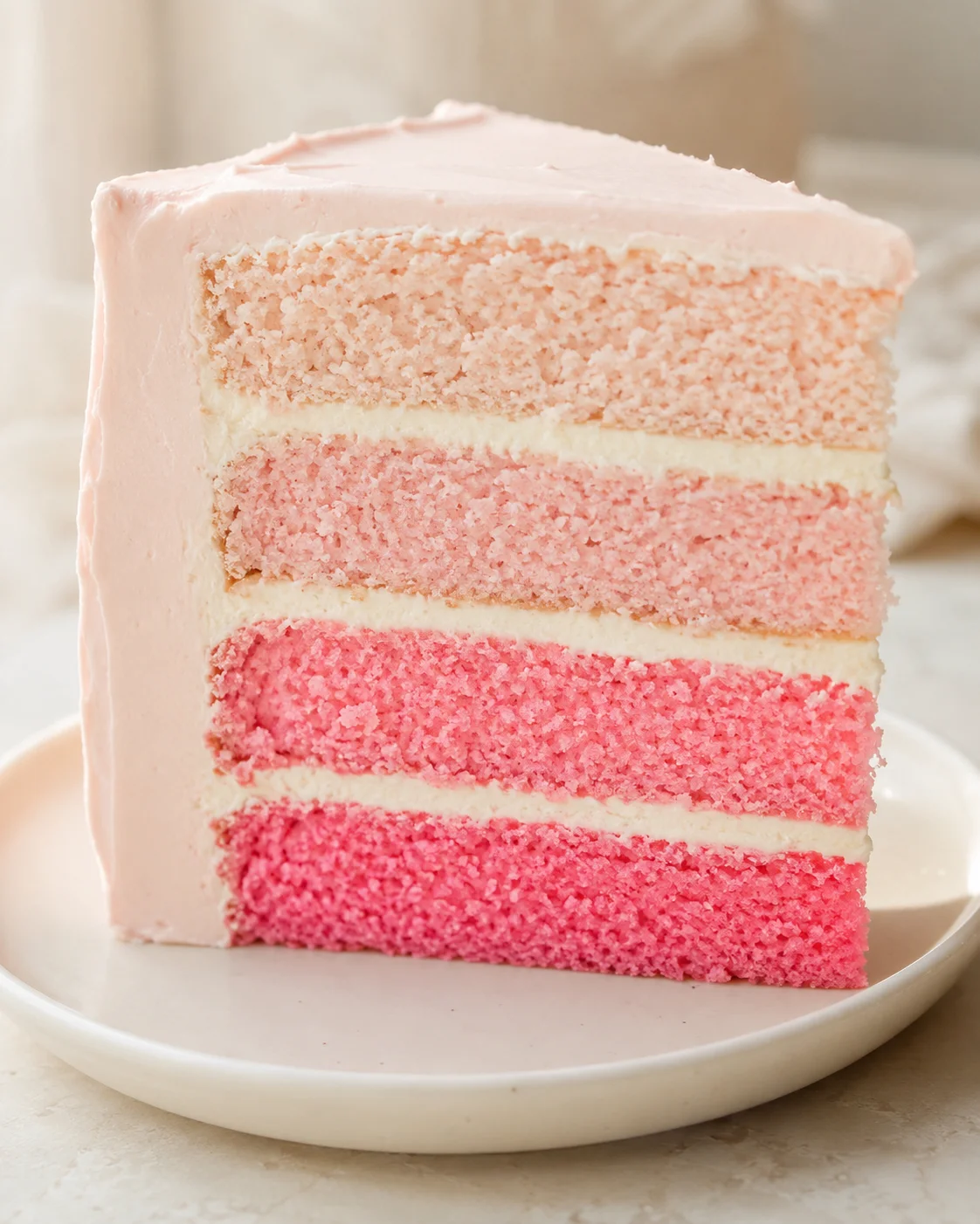 A vibrant, multilayer vanilla cake with pink and cream frosting, on a white plate.