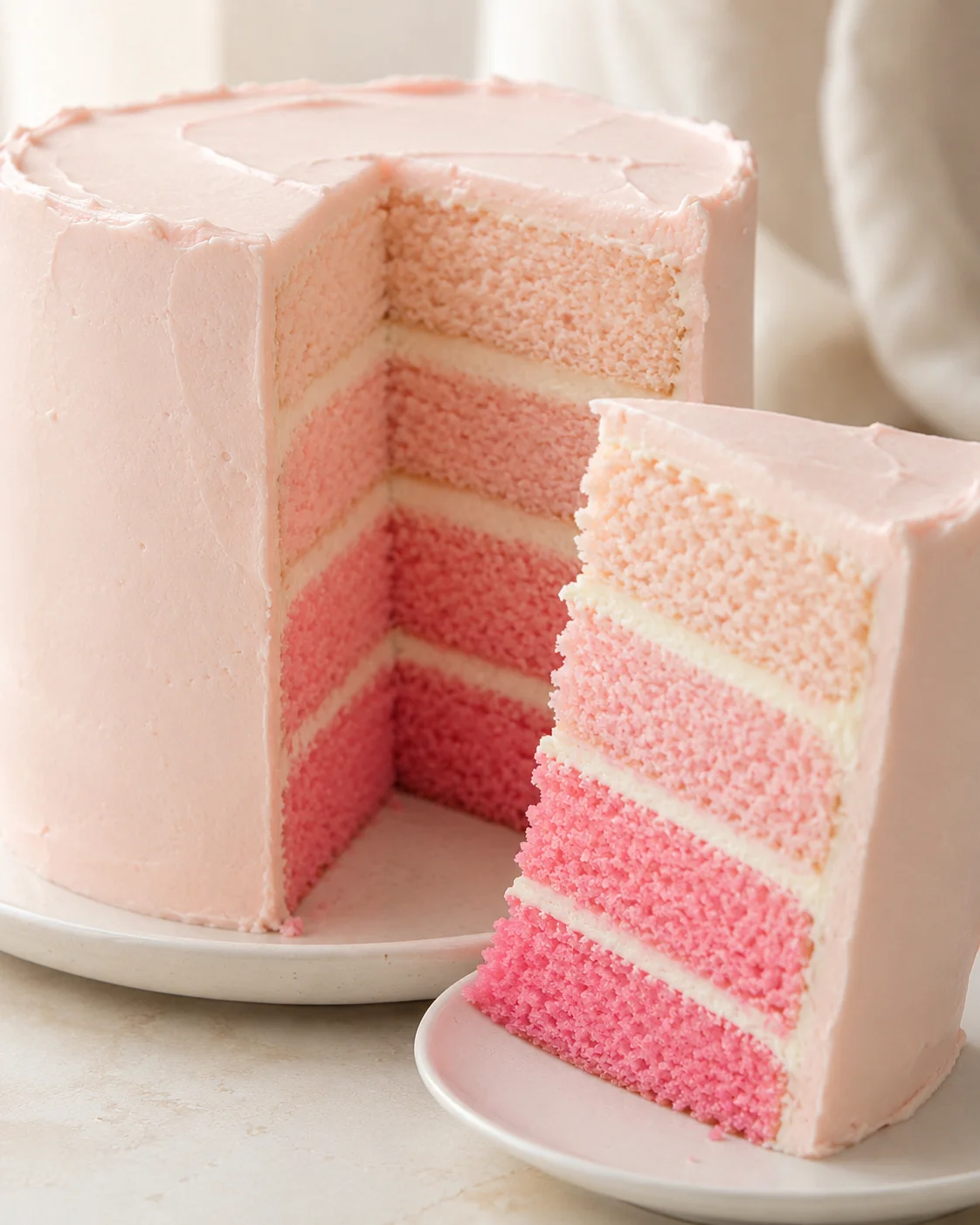 Close-up of a pastel pink layered cake with colorful inside layers, sliced to reveal interior.