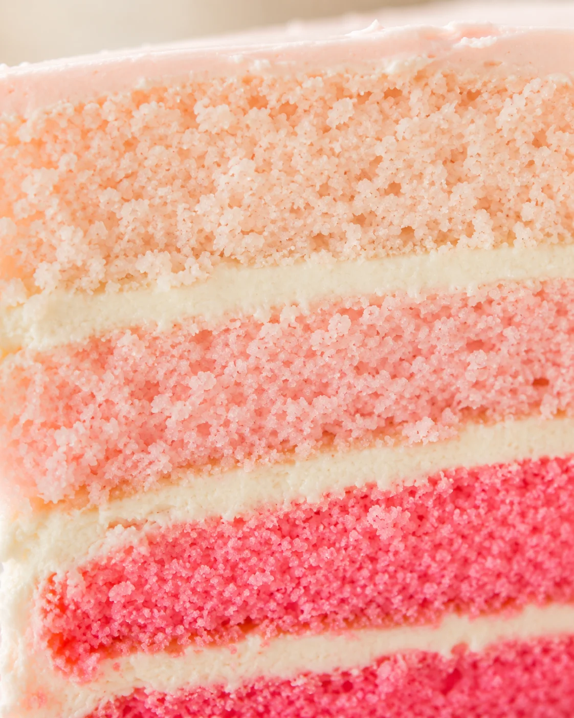 Close-up of a multi-colored vanilla layer cake with pink, peach, and cream layers