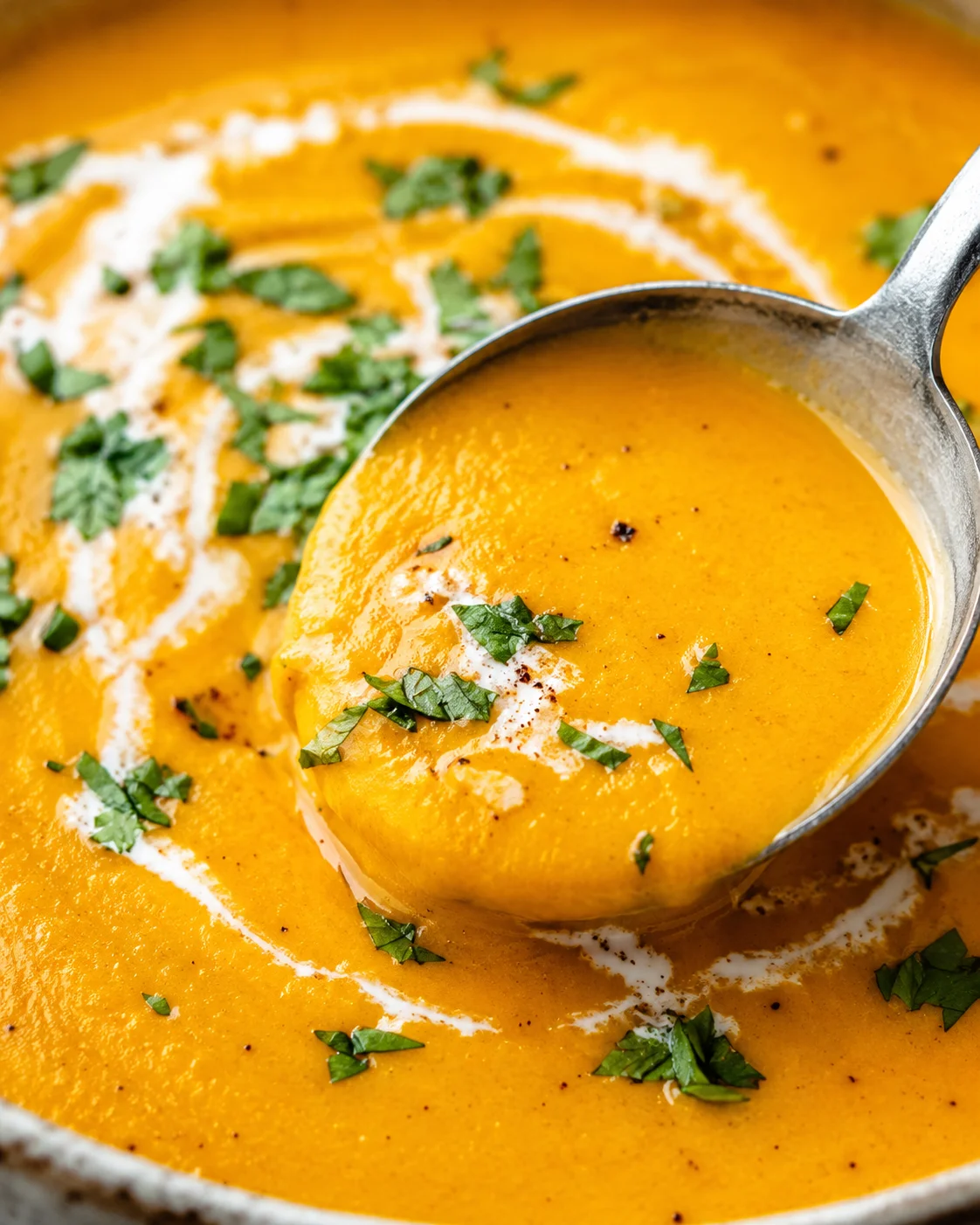 A bowl of creamy, velvety carrot soup garnished with herbs and cream.