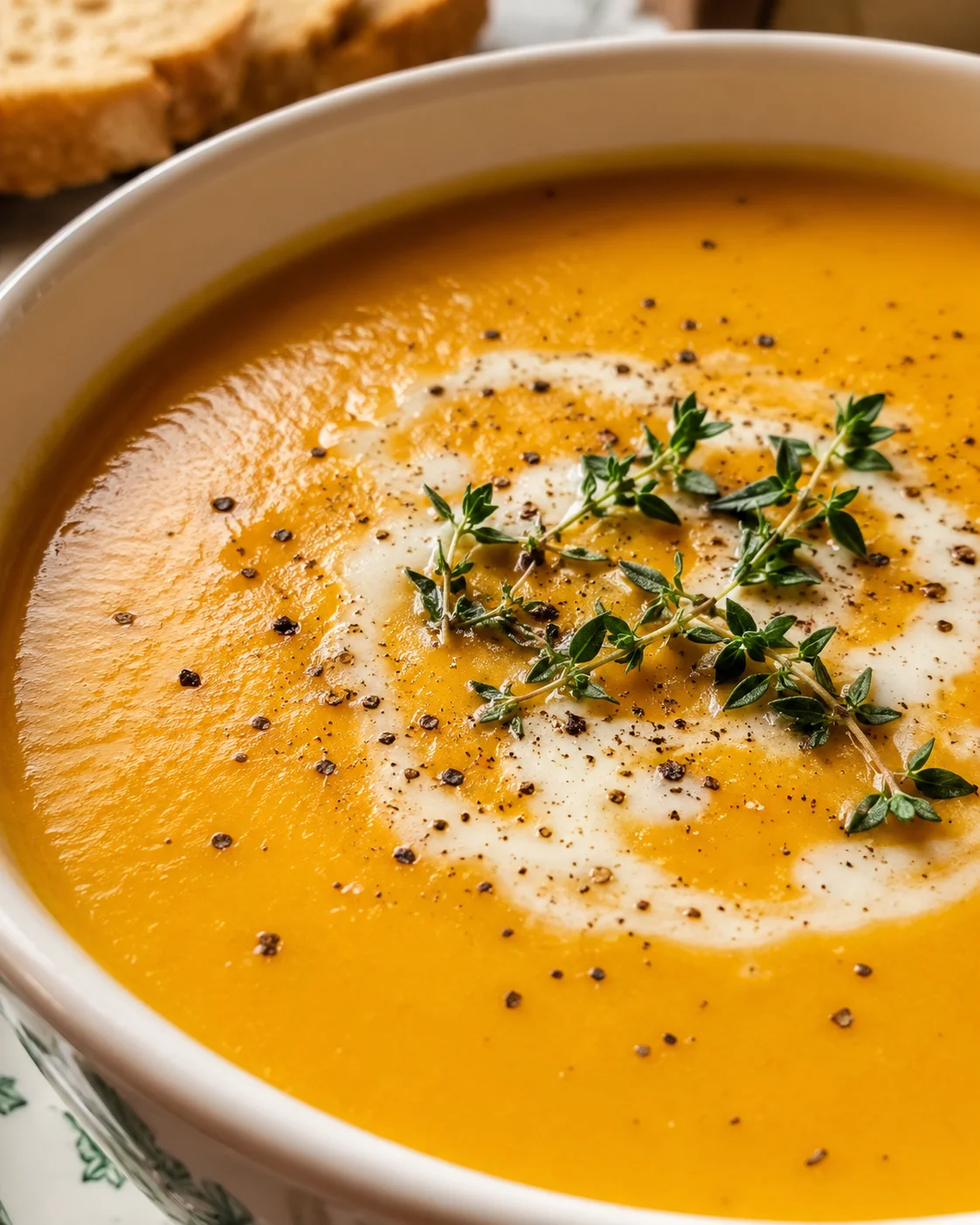 Close-up of a vibrant bowl of carrot ginger soup garnished with thyme and black pepper.
