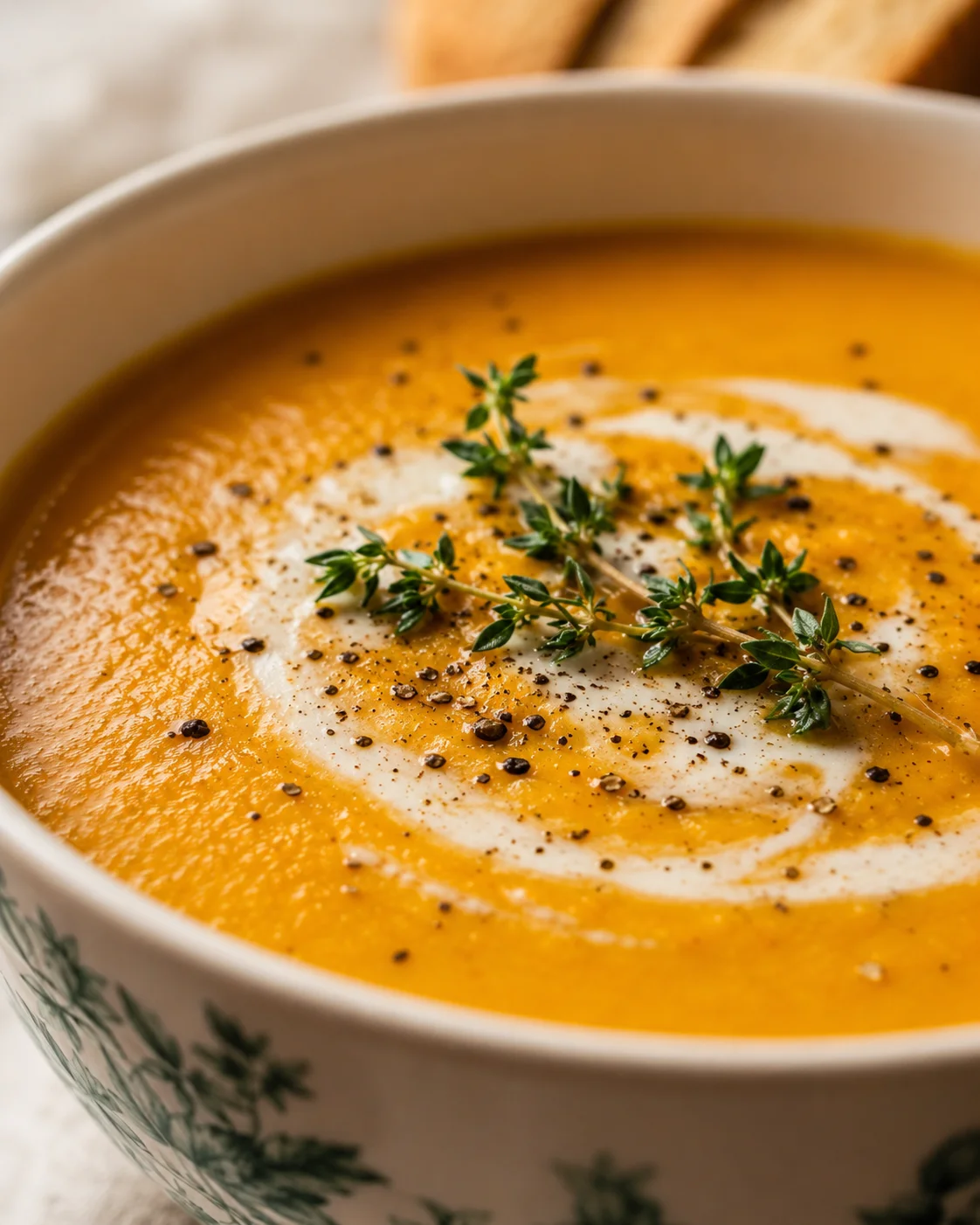 Creamy carrot ginger soup garnished with herbs and black pepper in a bowl