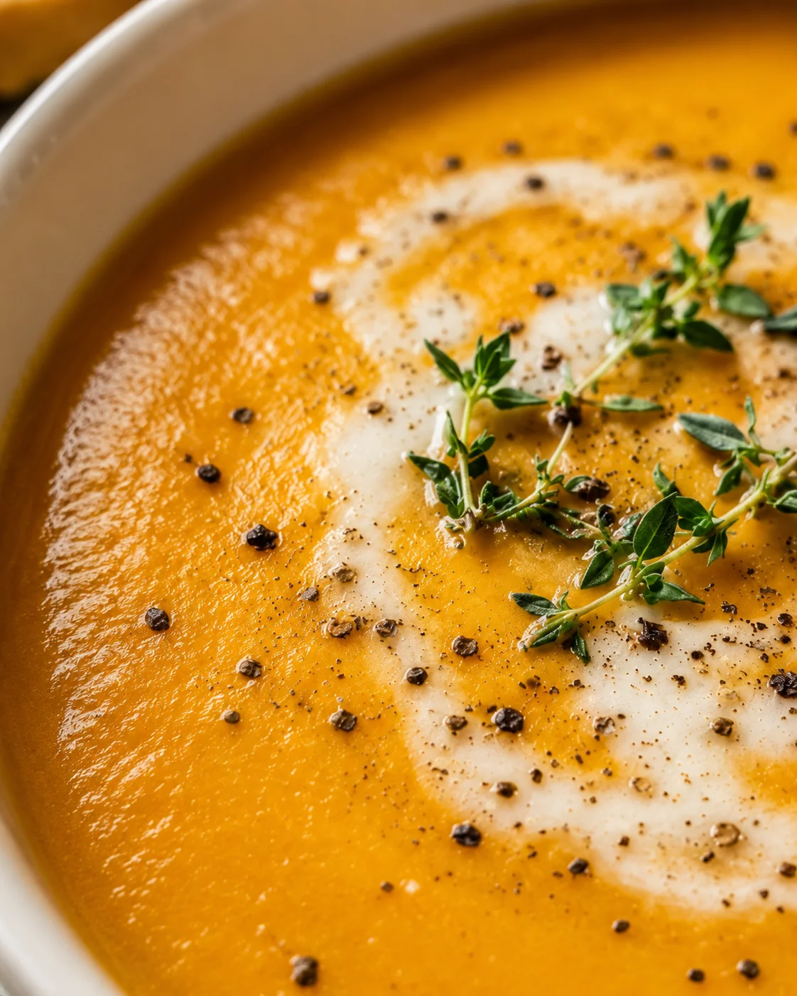 Close-up of creamy carrot ginger soup garnished with herbs and black pepper.