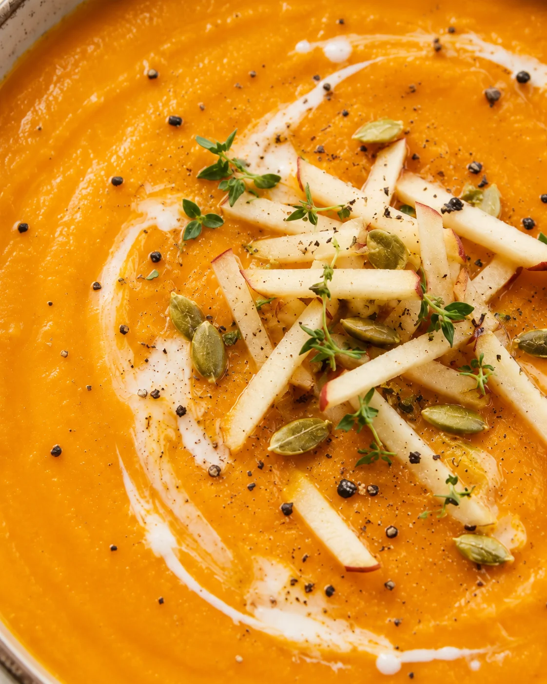Spiced Carrot and Apple Soup Creamy carrot and apple soup garnished with herbs and seeds, served hot.
