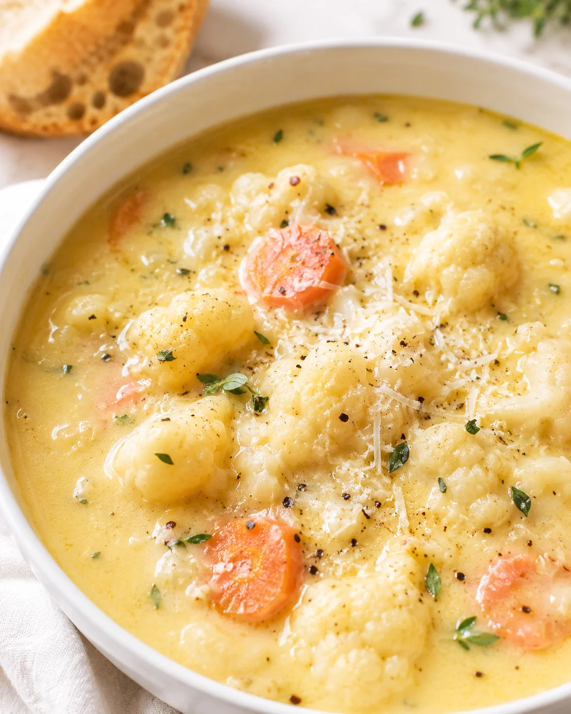 A bowl of creamy cauliflower and carrot soup garnished with herbs and black pepper.
