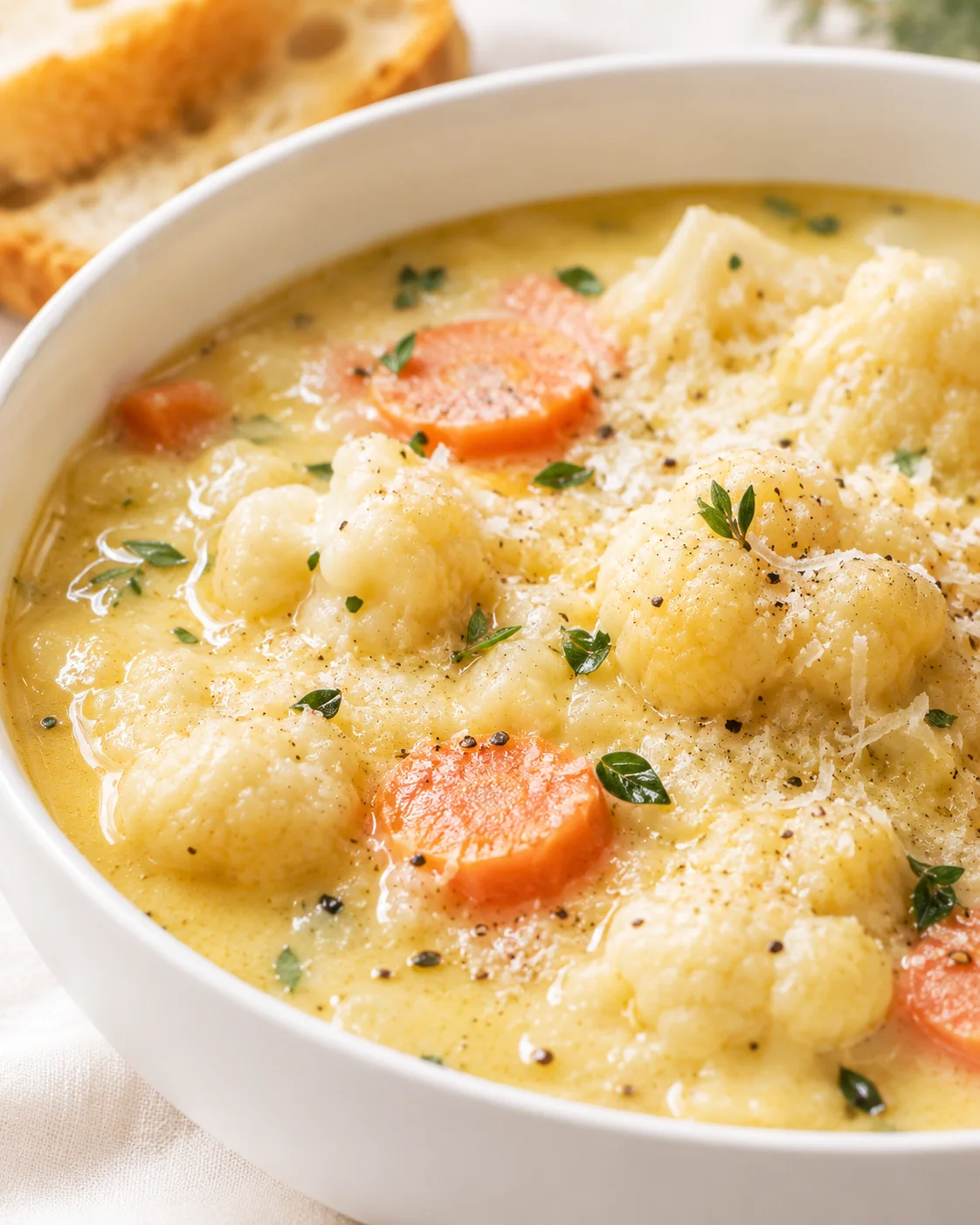 Creamy cauliflower and carrot soup garnished with herbs in a white bowl.