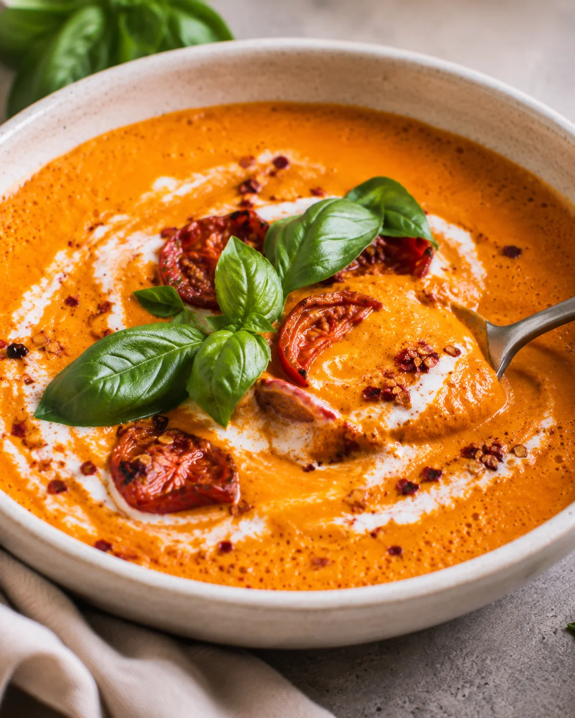 A bowl of creamy roasted tomato carrot soup garnished with basil and sun-dried tomatoes
