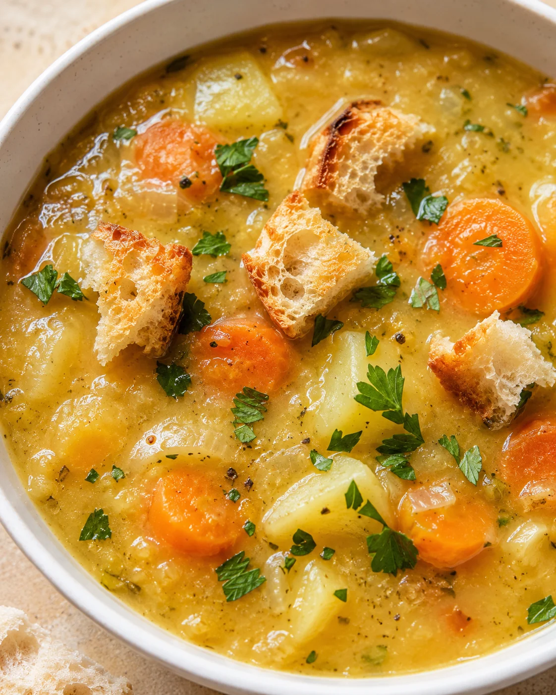 A warm bowl of hearty carrot potato soup garnished with croutons and herbs.