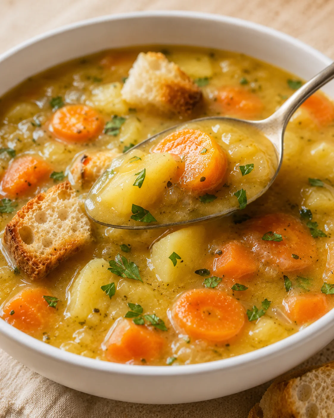 Hearty and colorful carrot potato soup in a white bowl garnished with herbs and bread