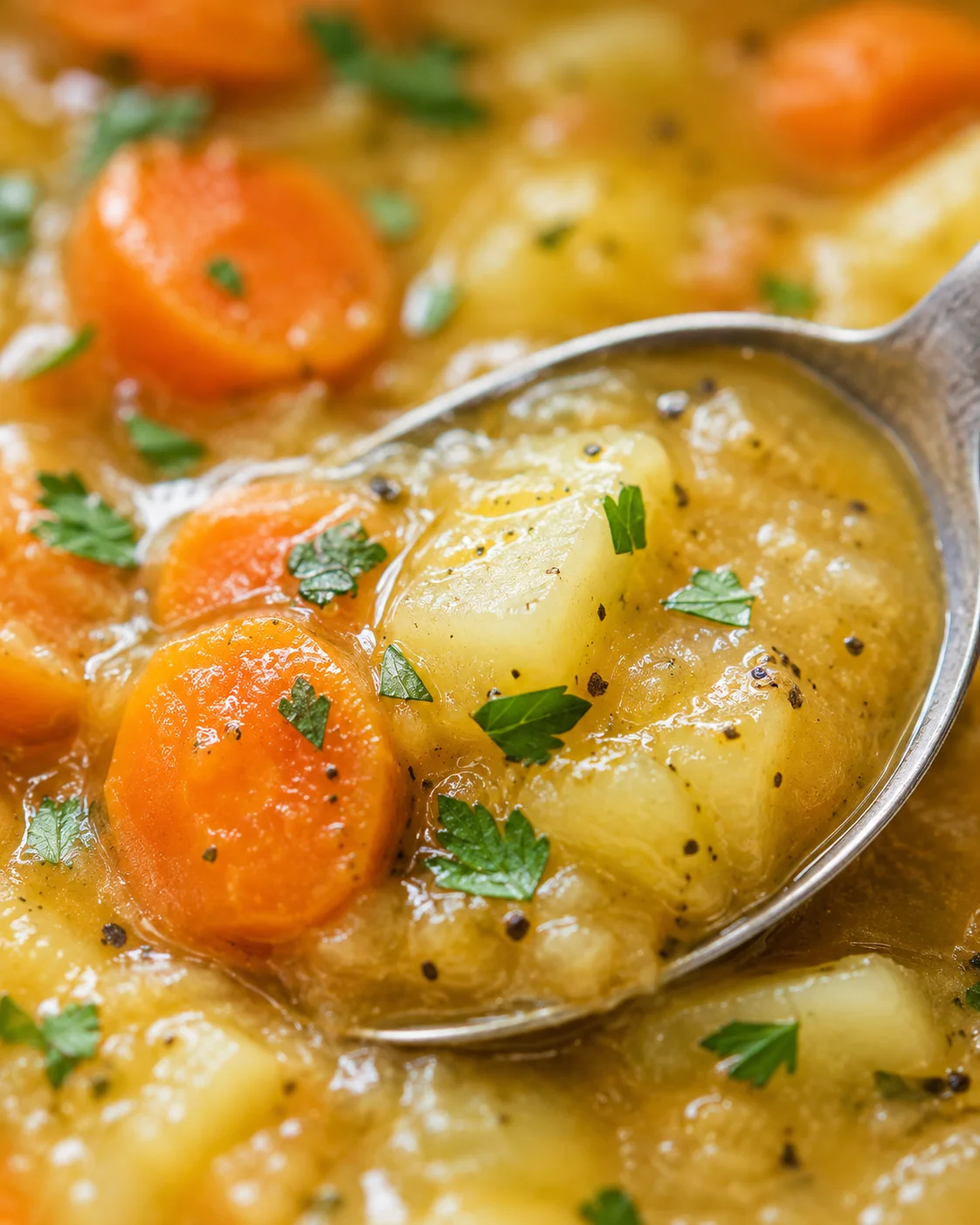 Close-up of creamy carrot and potato soup with herbs and black pepper