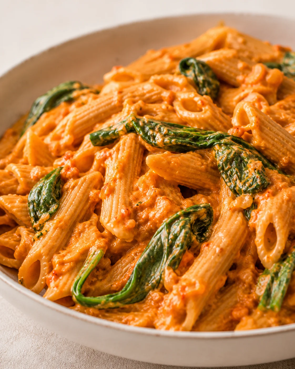 A bowl of creamy pasta sauce with red lentils and spinach on pasta