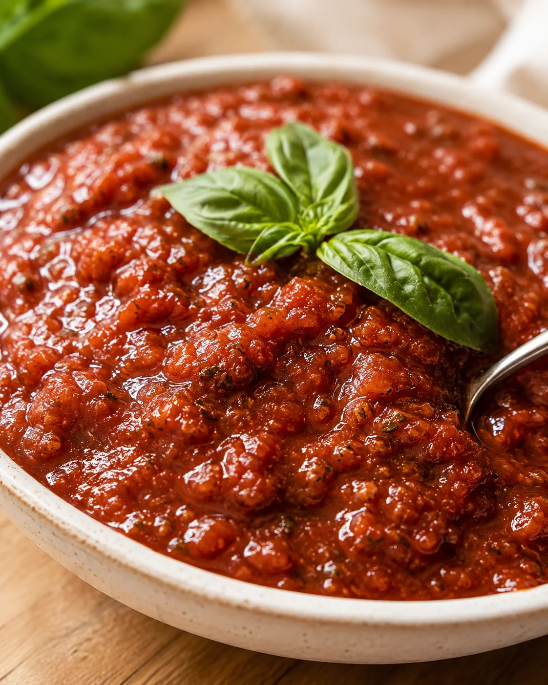Red Wine Pasta Sauce Close-up of a rich, spicy red wine pasta sauce garnished with fresh basil leaves.