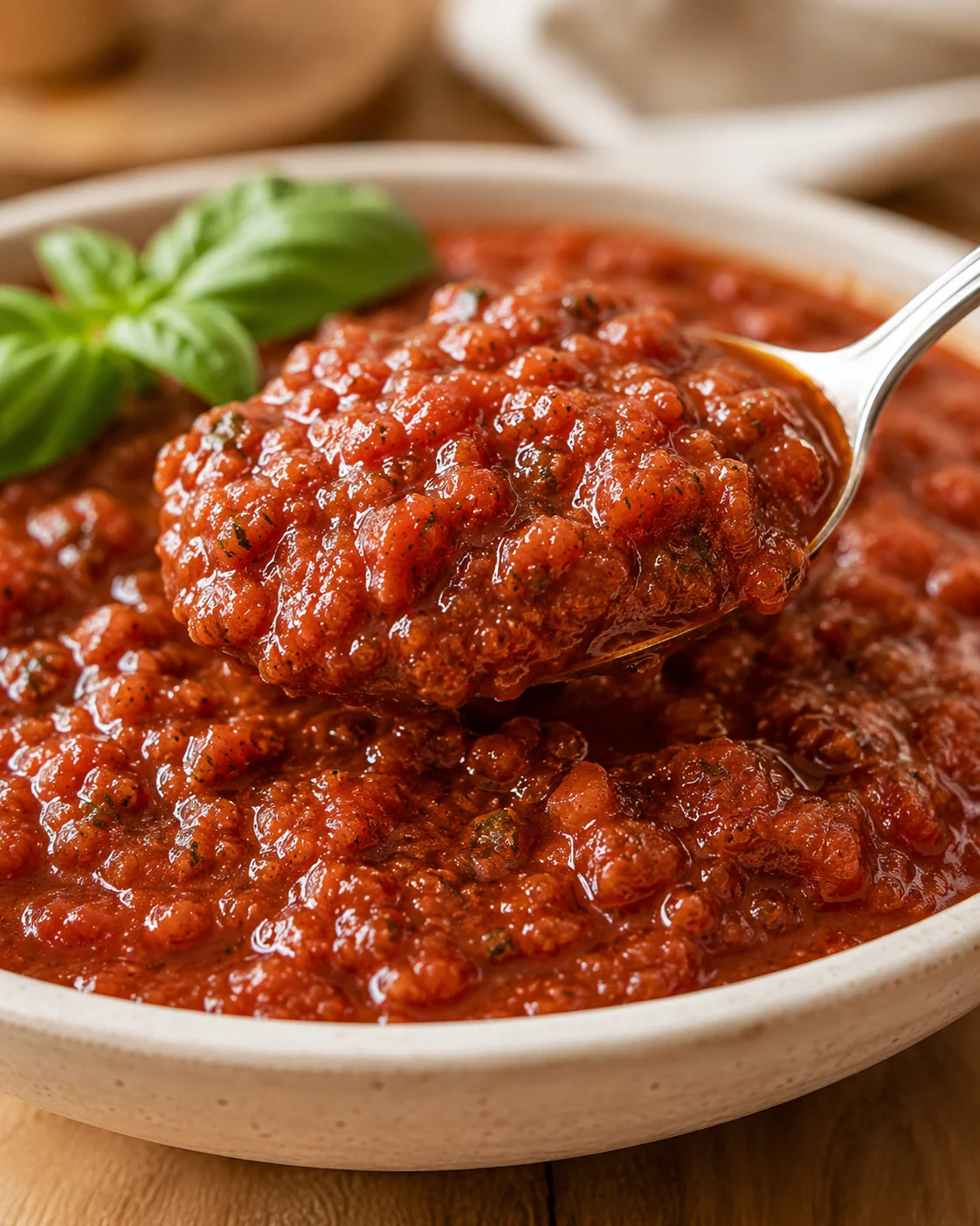 Red Wine Pasta Sauce Close-up of rich, tomato-based red wine pasta sauce with basil garnish.