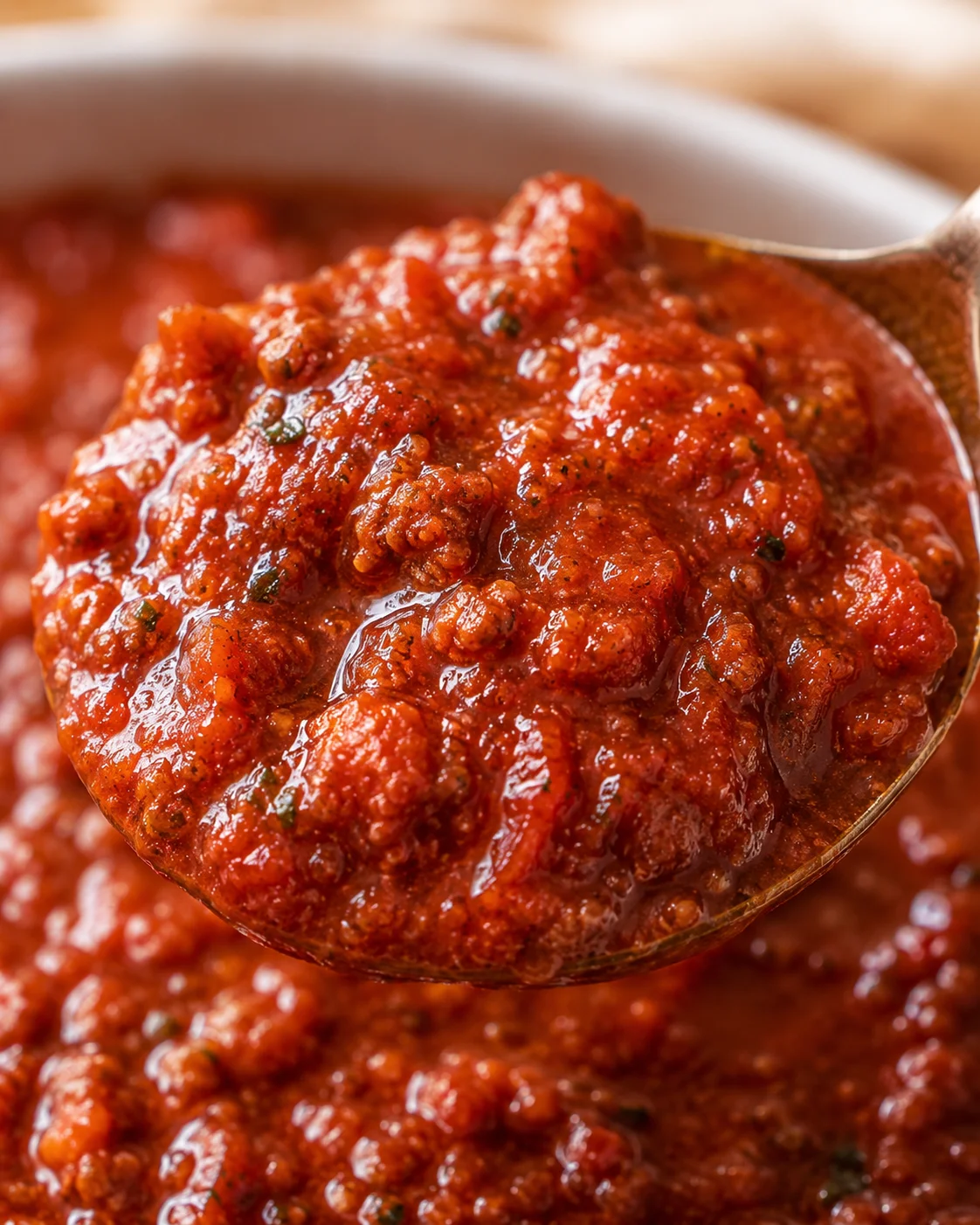 Red Wine Pasta Sauce Close-up of rich, chunky red wine pasta sauce in a spoon.
