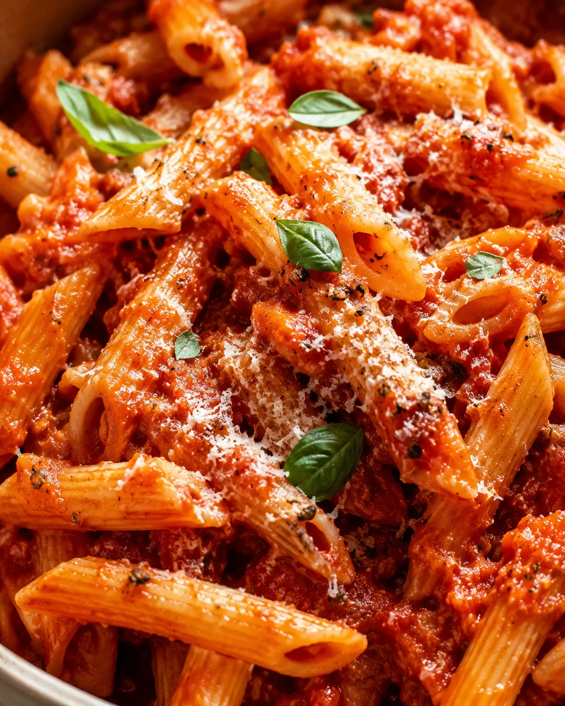 Delicious homemade penne pasta with vibrant red sauce, garnished with basil leaves.