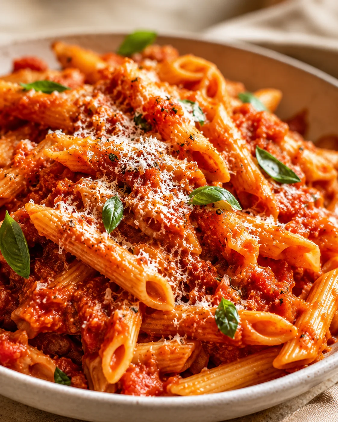 Delicious restaurant-style penne pasta with rich red sauce, topped with cheese and basil.