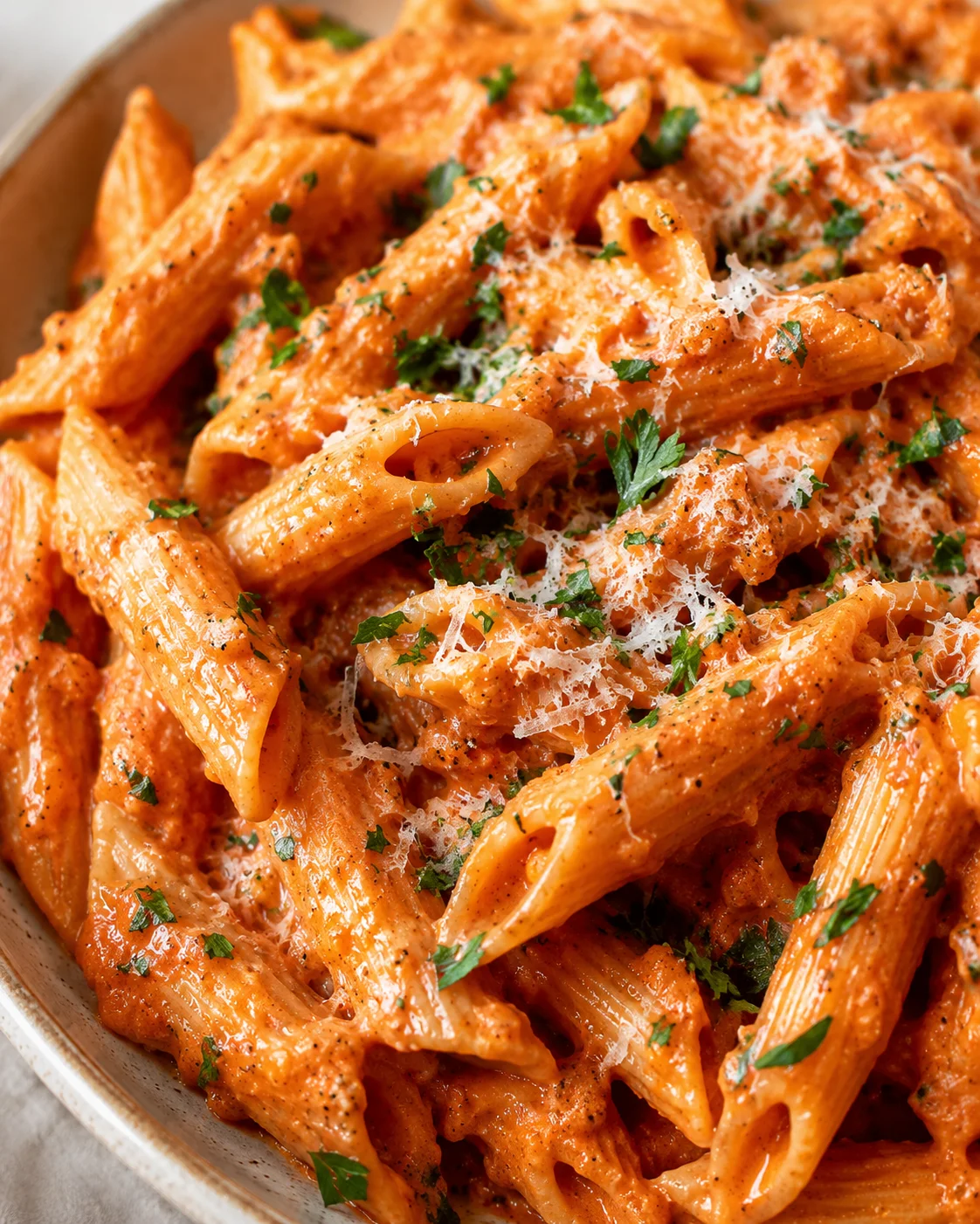 Creamy tomato sauce pasta garnished with fresh parsley and Parmesan cheese.