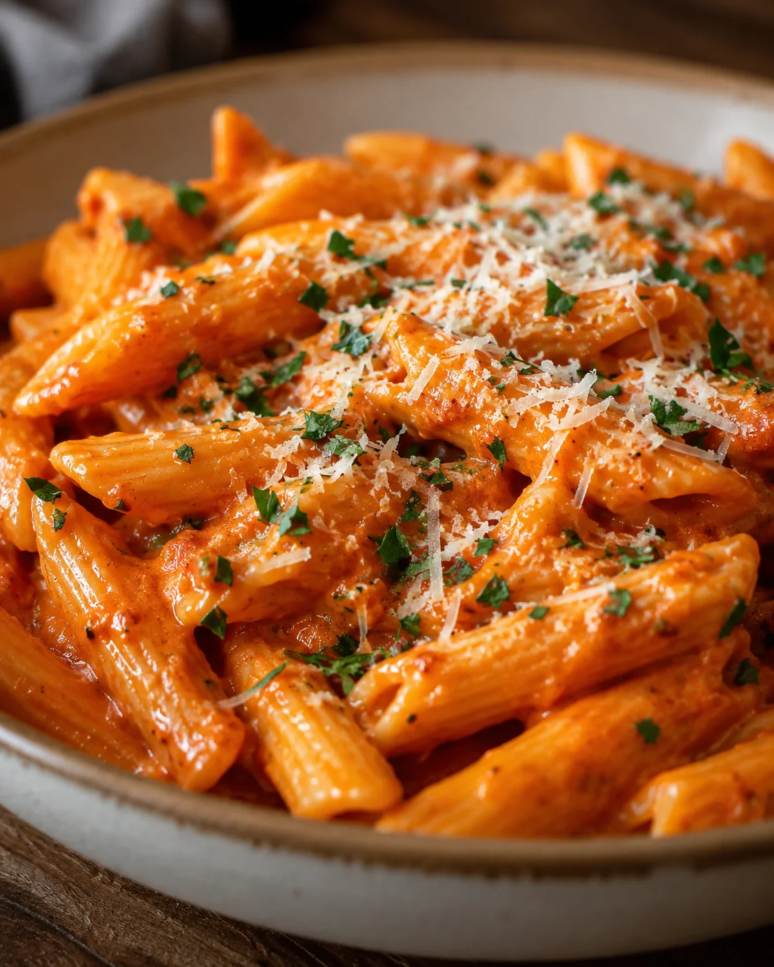 Close-up of creamy red sauce pasta garnished with cheese and herbs on a plate.
