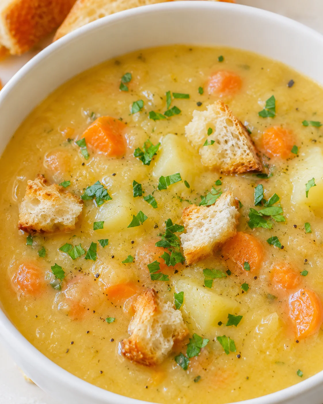 Creamy Carrot Potato Soup Hearty and creamy carrot potato soup garnished with herbs and croutons in a bowl