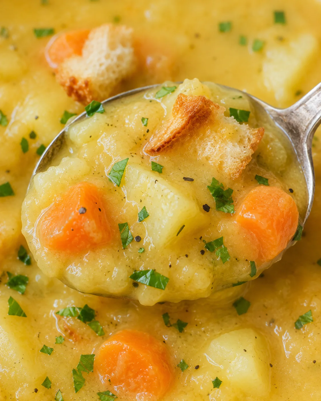 Cozy Carrot Potato Soup Close-up of creamy carrot and potato soup with herbs and croutons