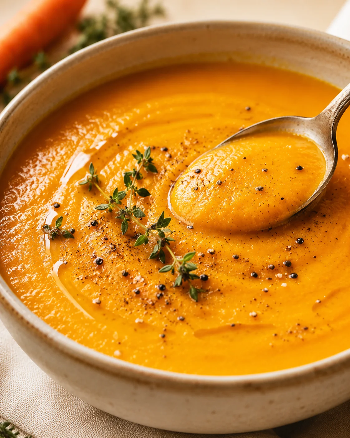 Spiced Carrot and Apple Soup Close-up of a bowl of vibrant orange spiced carrot and apple soup garnished with herbs and pepper