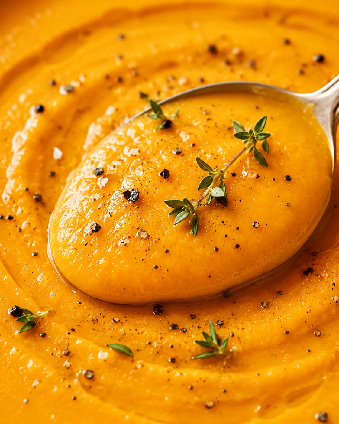 Spiced Carrot and Apple Soup Close-up of smooth, vibrant orange carrot and apple soup garnished with herbs and pepper,