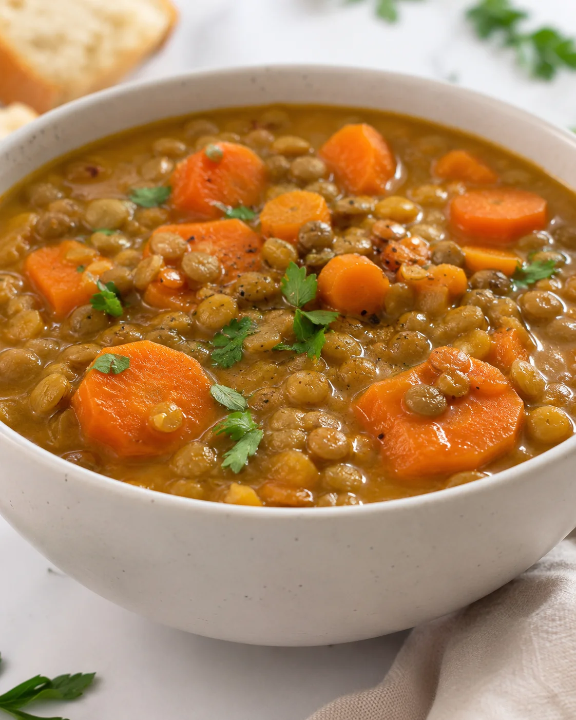 A bowl of hearty carrot and lentil soup garnished with fresh herbs.