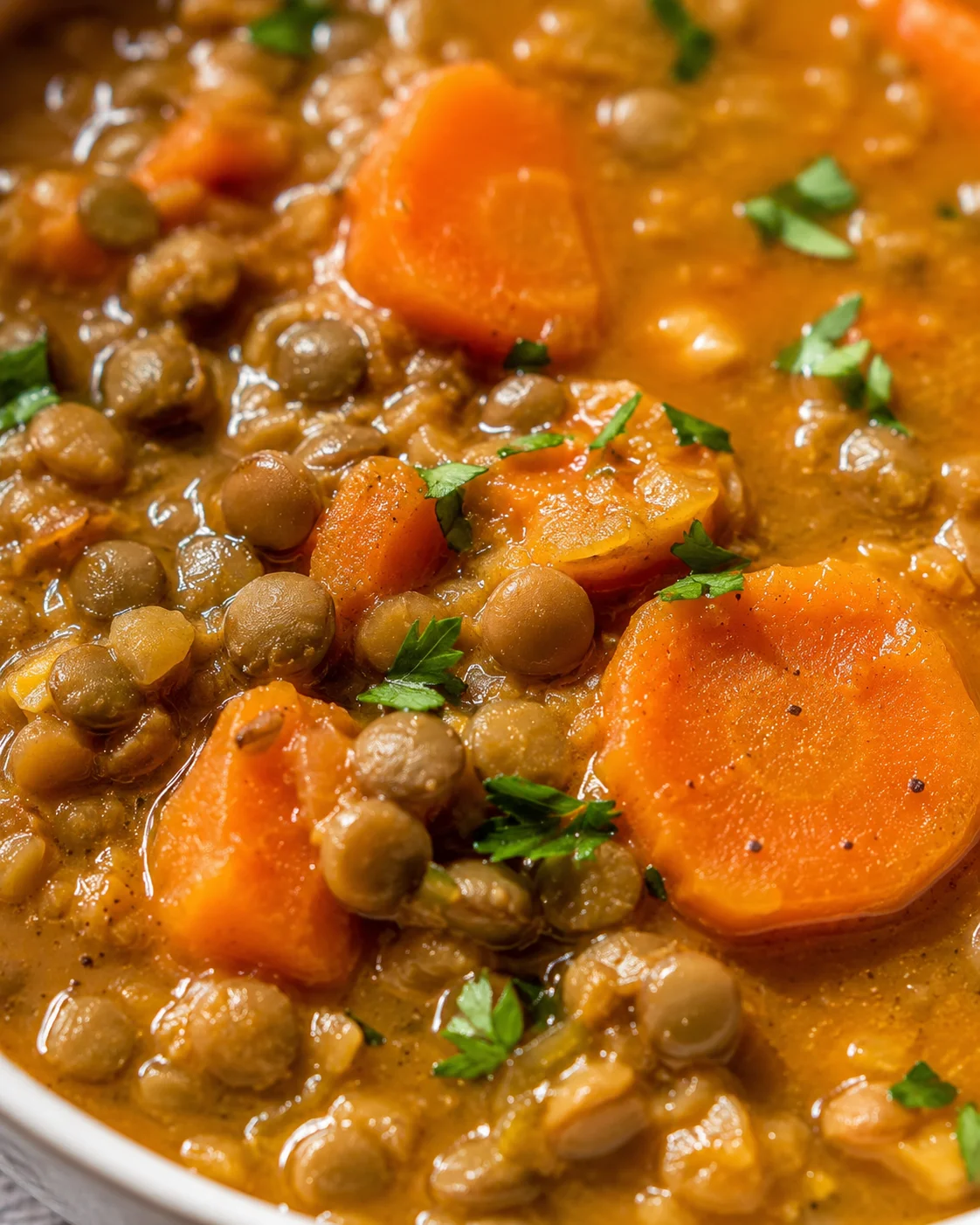 Close-up of a hearty carrot and lentil soup with vibrant orange carrots and green herbs