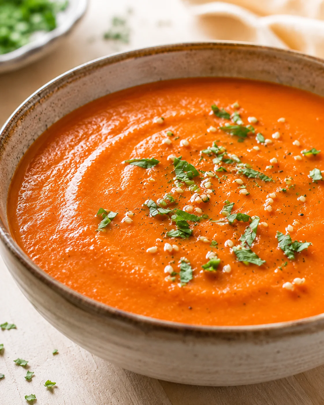 Vegan Roasted Carrot & Red Pepper Soup Creamy, vibrant red pepper and roasted carrot soup garnished with herbs and seeds.