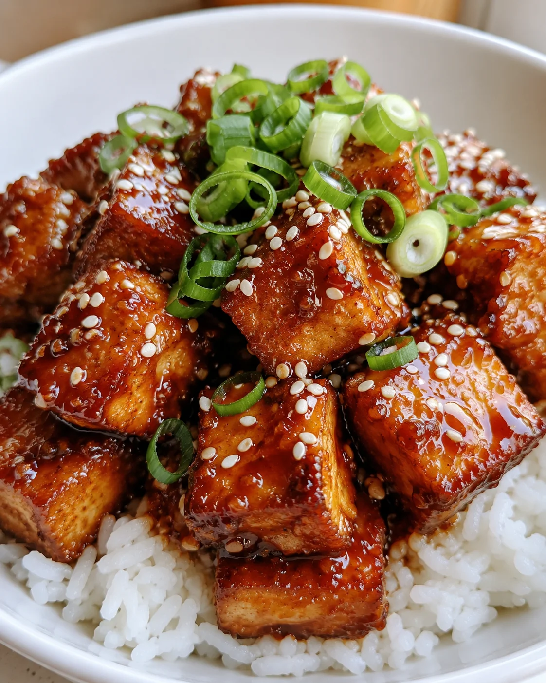 Crispy tofu cubes topped with green scallions and sesame seeds, glazed in honey garlic sauce