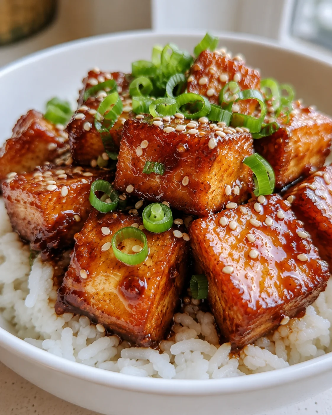 Close-up of crispy honey garlic tofu topped with green scallions on rice