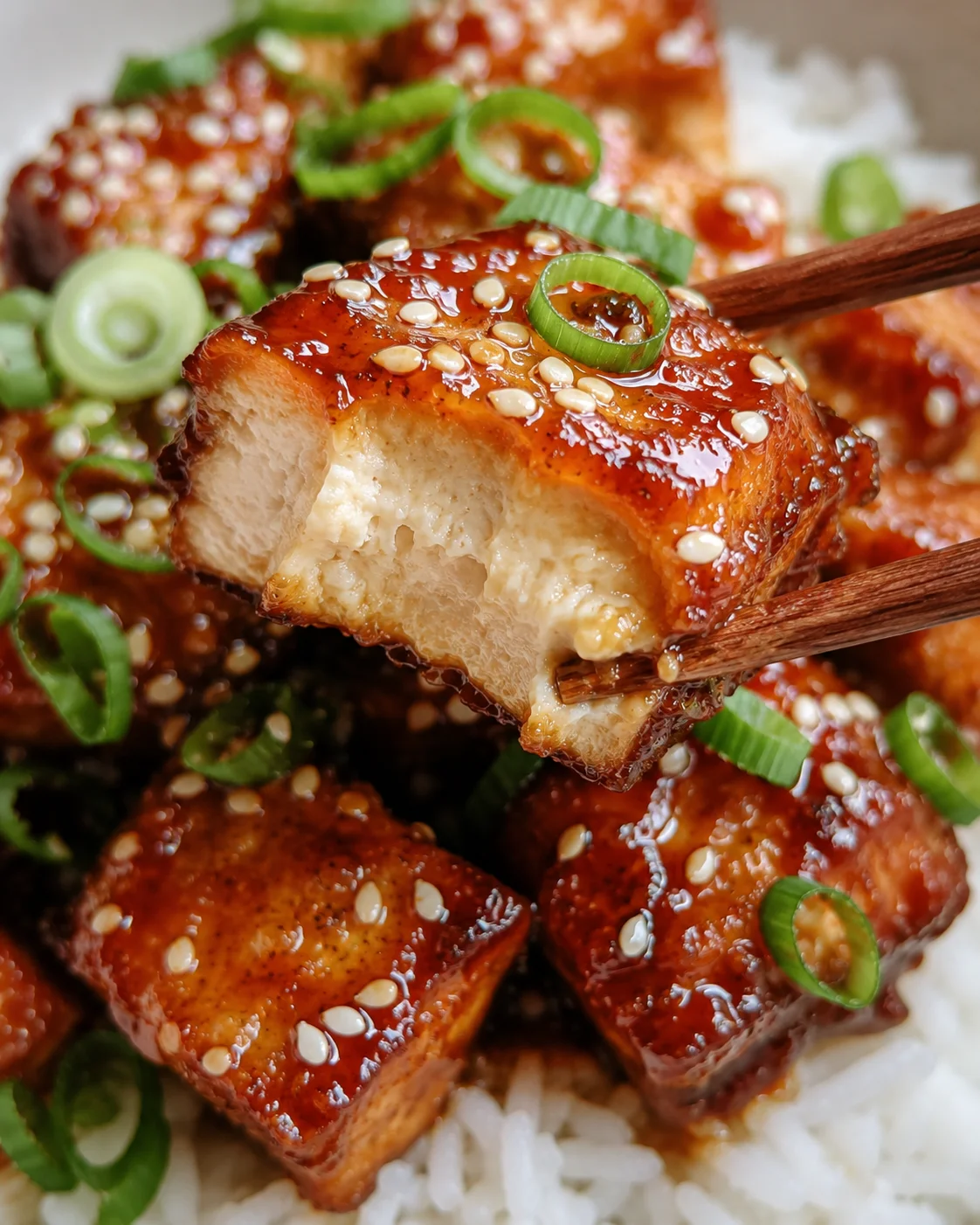 Close-up of crispy honey garlic tofu glazed with sauce and topped with scallions.