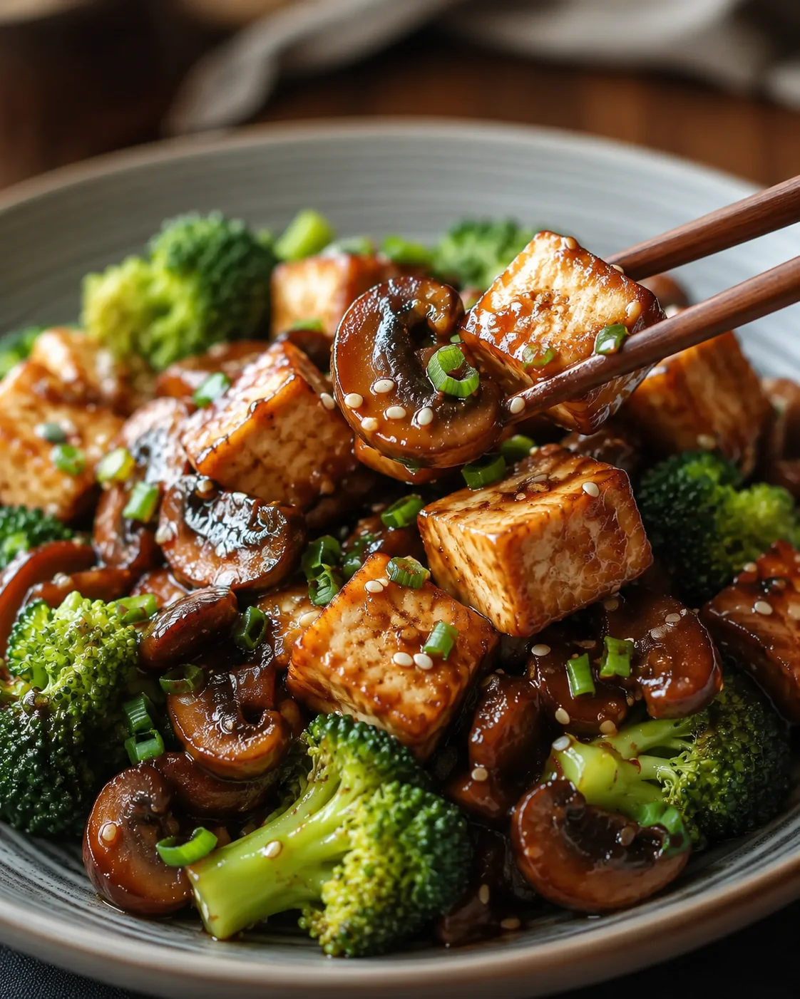 Close-up of a flavorful mushroom and tofu stir-fry with broccoli and sauce