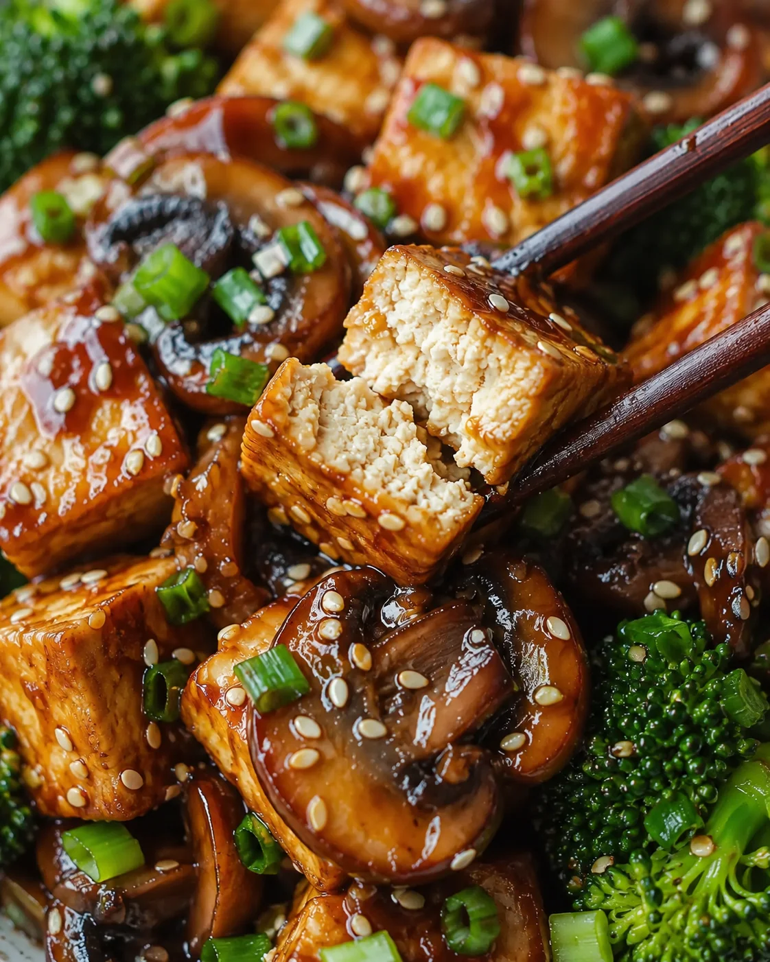 Close-up of crispy tofu and mushrooms in a savory stir-fry dish.