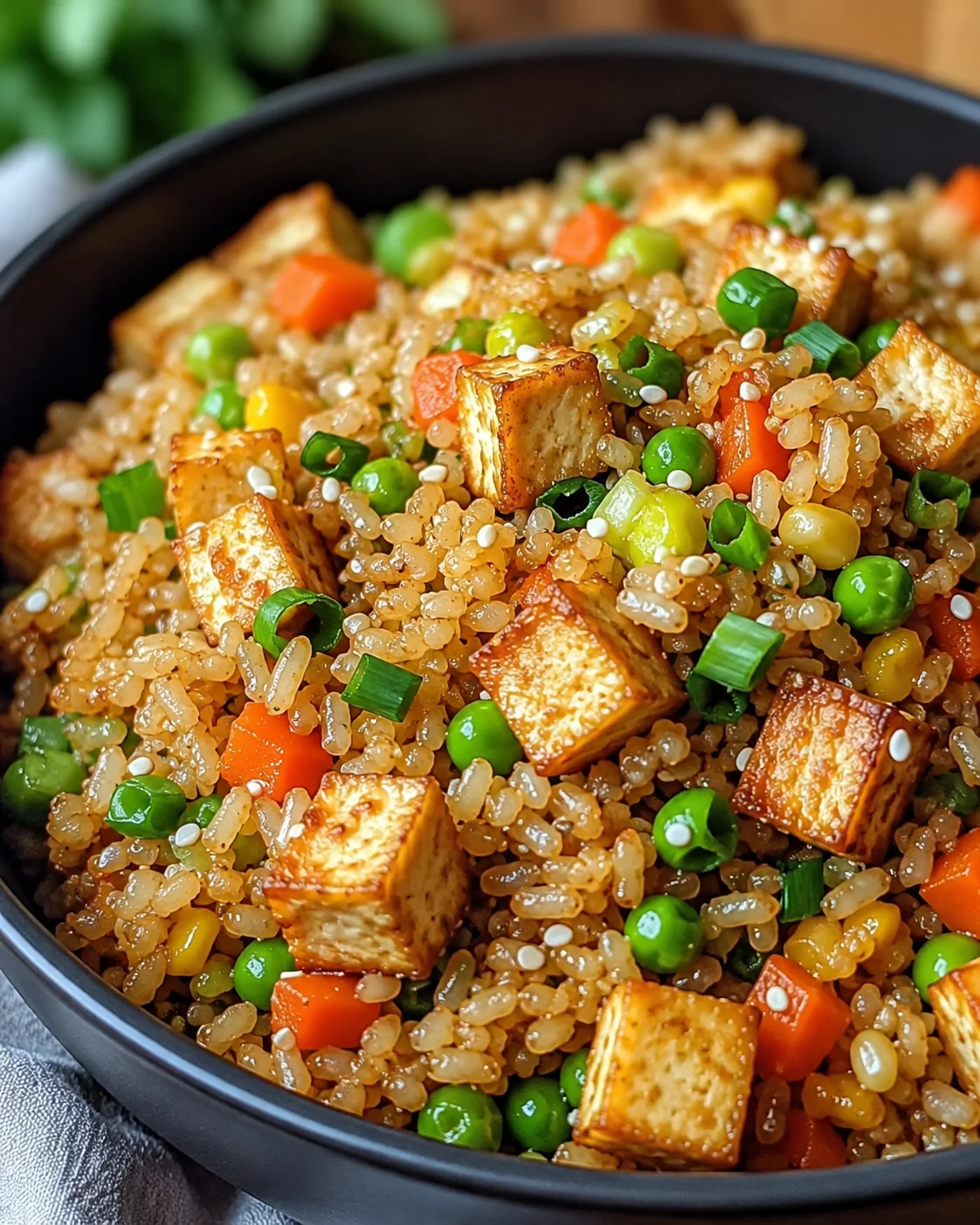 Colorful vegan tofu fried rice with crispy tofu and mixed vegetables in a pan
