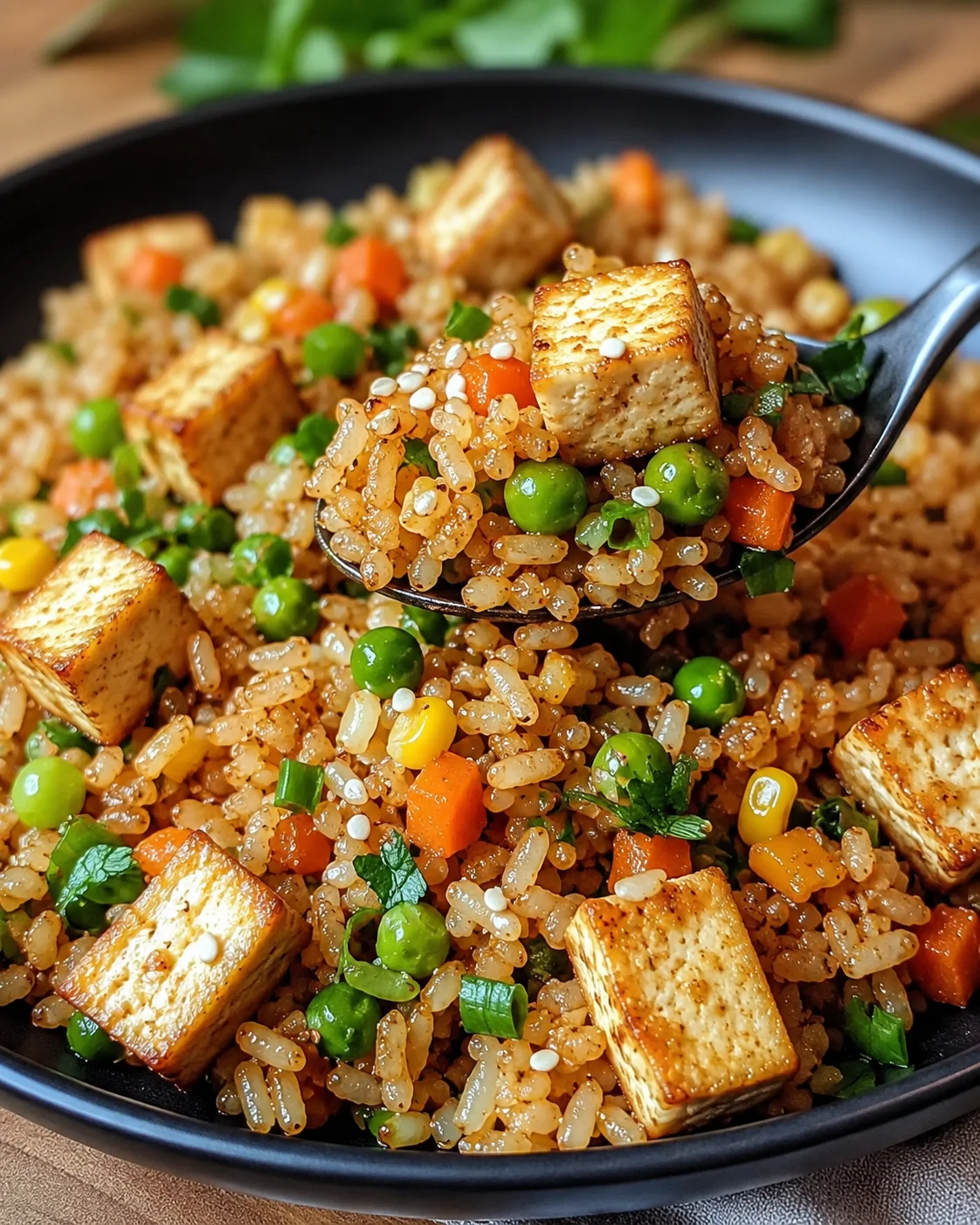 Tofu Fried Rice: Quick & Flavorful Vegan Meal Colorful tofu fried rice with vegetables in a black skillet, close-up shot.