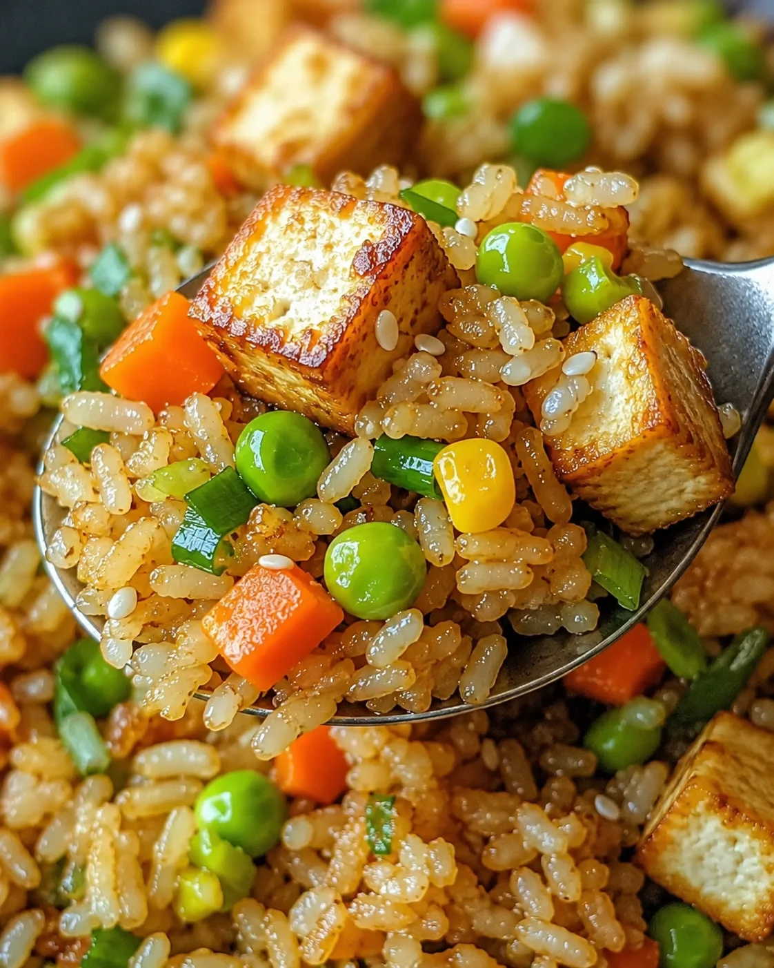 Vegan Tofu Fried Rice Close-up of crispy tofu, rice, and vegetables in a spoonful of fried rice.