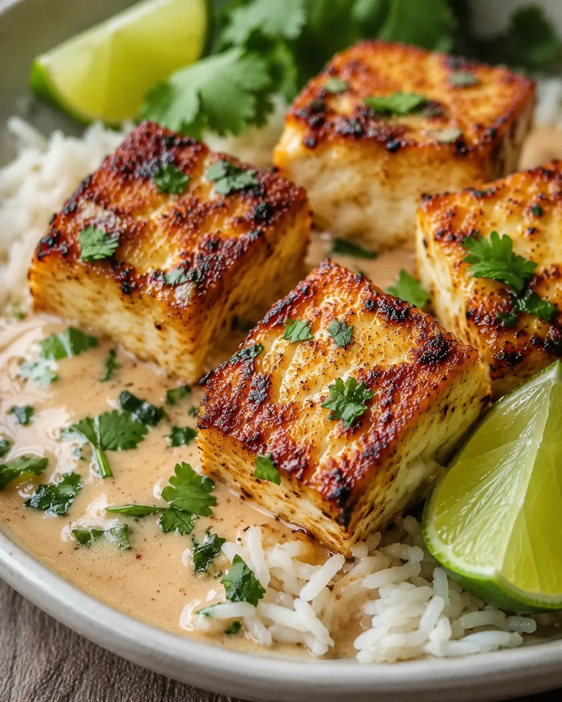 Crispy tofu with coconut lime sauce served over rice with fresh herbs and lime