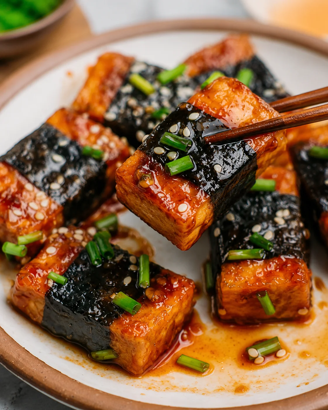 Close-up of sticky, glazed tofu rolls wrapped in seaweed with green onions.