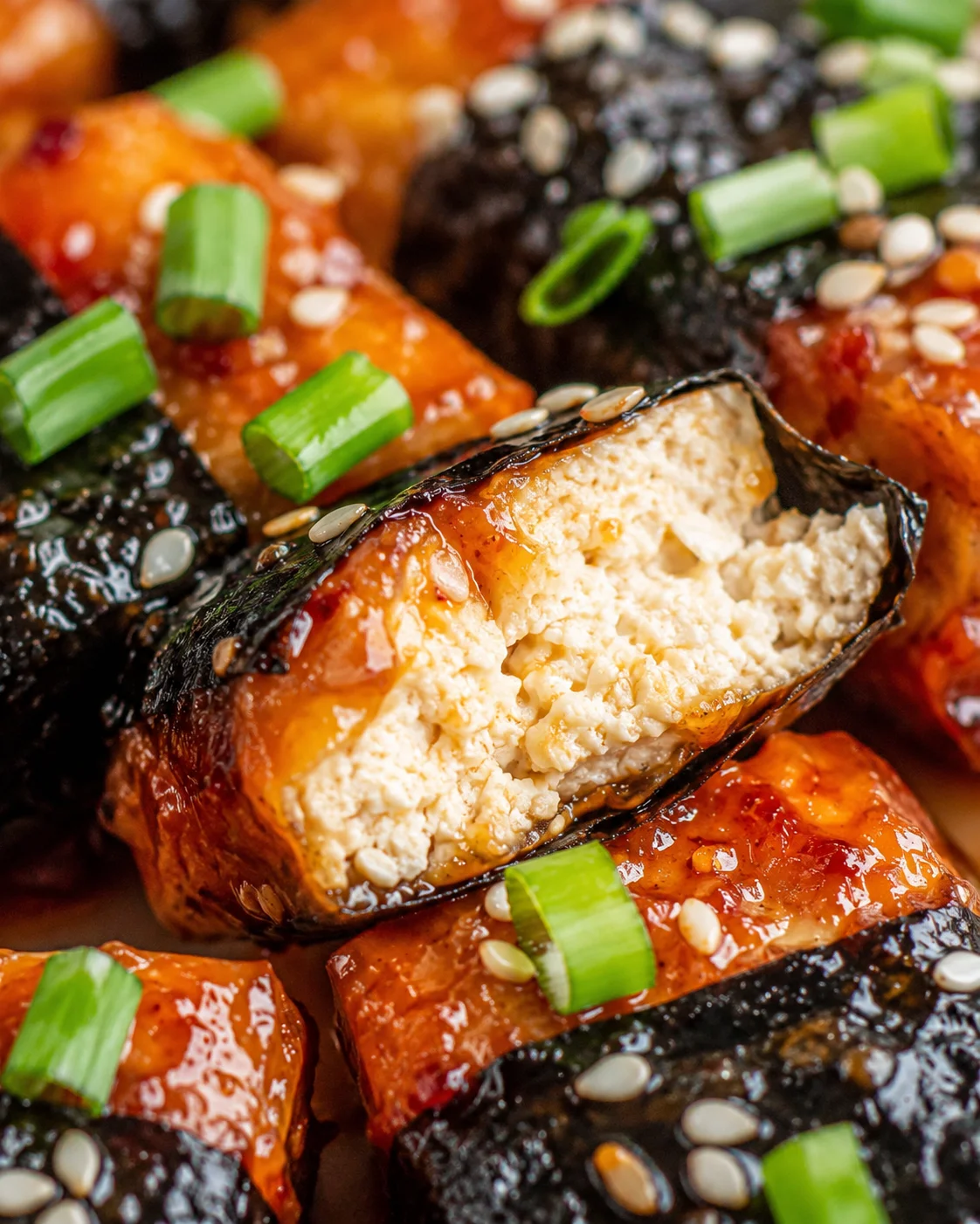 Close-up of flavorful seaweed tofu rolls drizzled with sauce and topped with green onions
