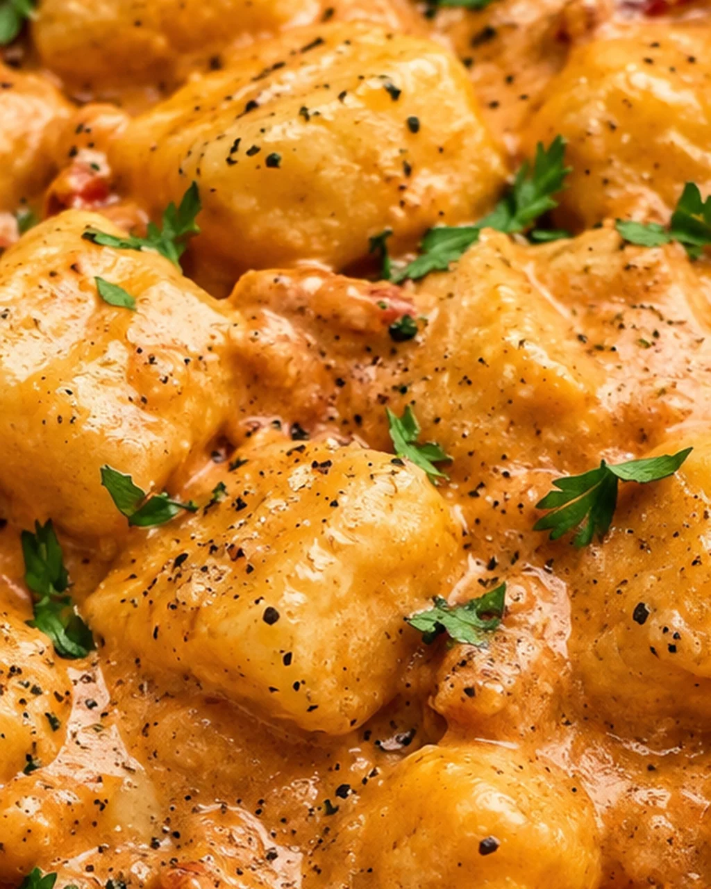 Close-up of crispy tofu cubes immersed in rich sun-dried tomato sauce with herbs